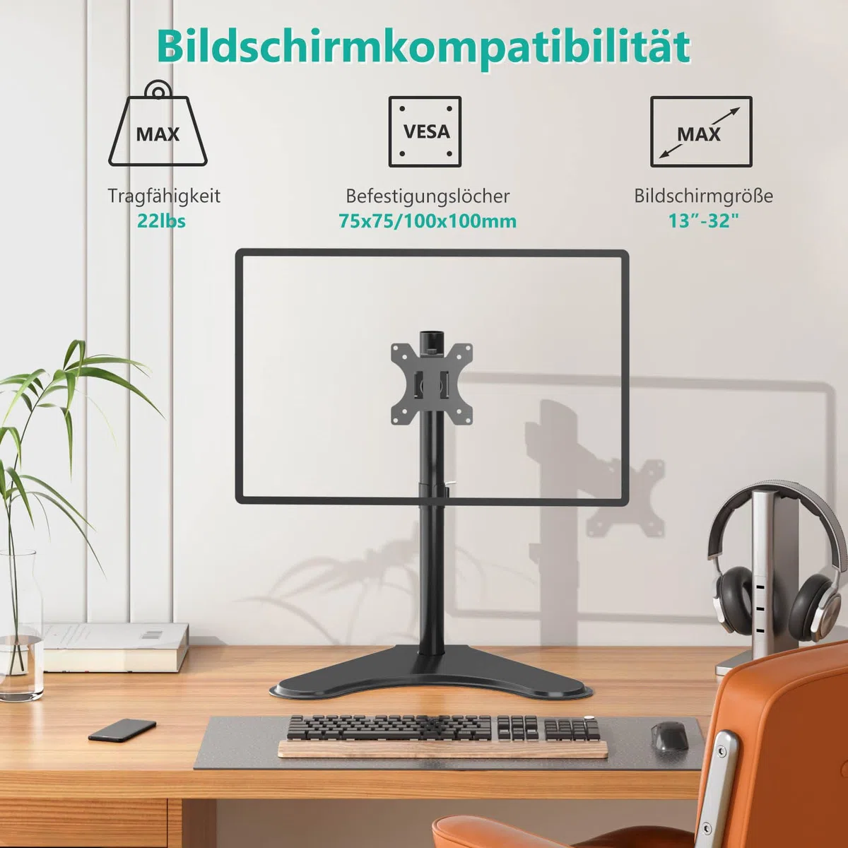 WALI Monitor Halterung 1 Monitor,Höhenverstellbarer Bildschirm Halterung,Freistehender Monitorständer mit VESA 75 bis 100,voll verstellbar für bis 32 Zoll (MF001),Schwarz