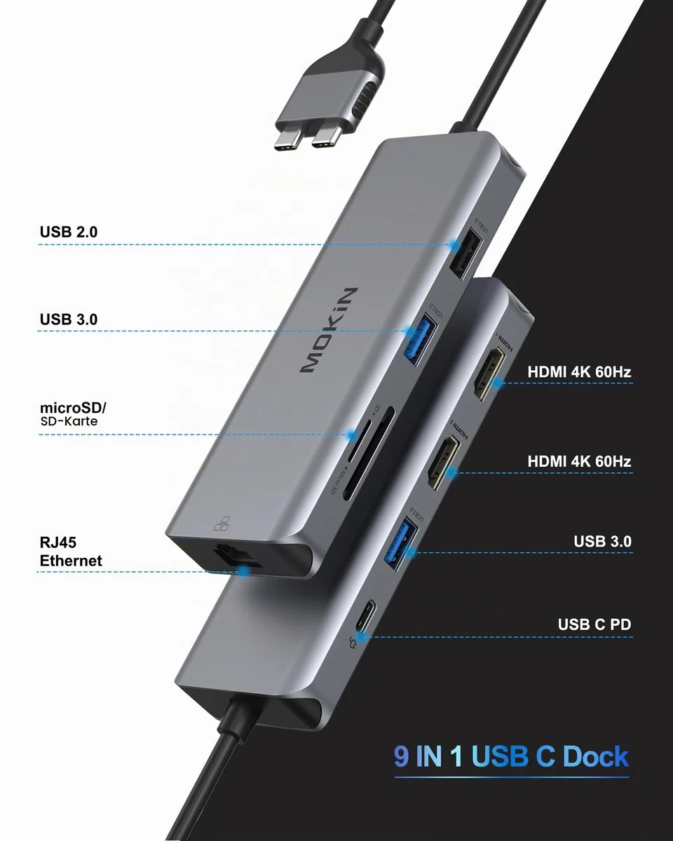 MOKiN MacBook Pro Dockingstation mit dual Monitor und hdmi Adapter, 9 in 2 USB-C Adapter für MacBook Pro Air, Mac HDMI Dock Dongle, USB-C auf HDMI Ethernet 3X USB SD/MicroSD 100W PD