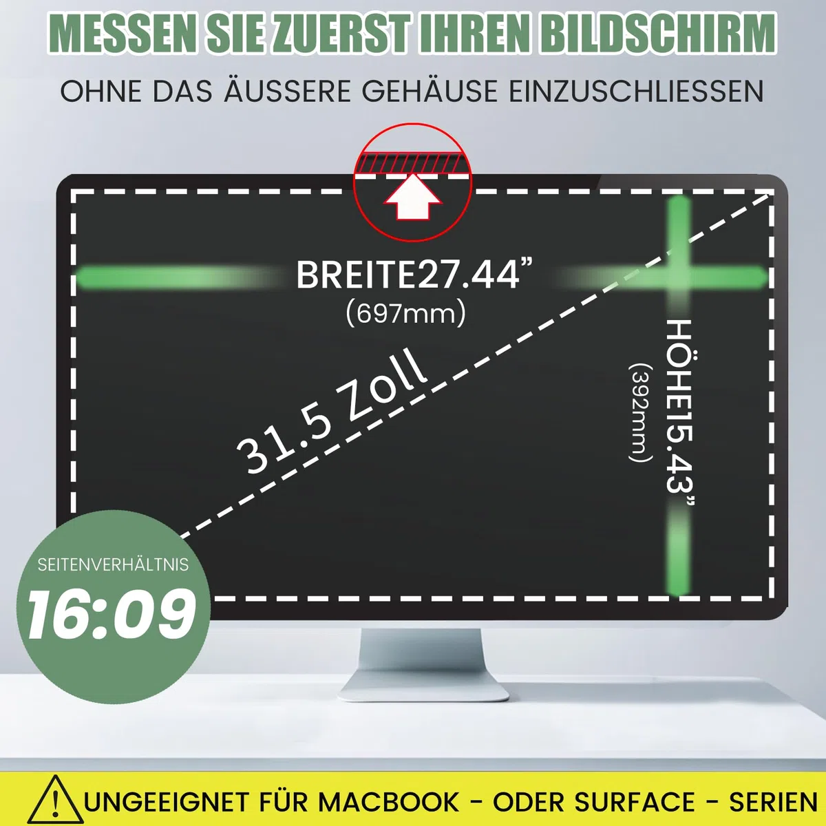 Blickschutzfolie für 31,5 Zoll 16:9 Monitor, Abnehmbarer Sichtschutzfilter mit Blaulichtfilter, HD Privacy Screen 31.5 mit Anti-Glare & Blendschutz, Breite x Höhe: 697 mm x 392 mm