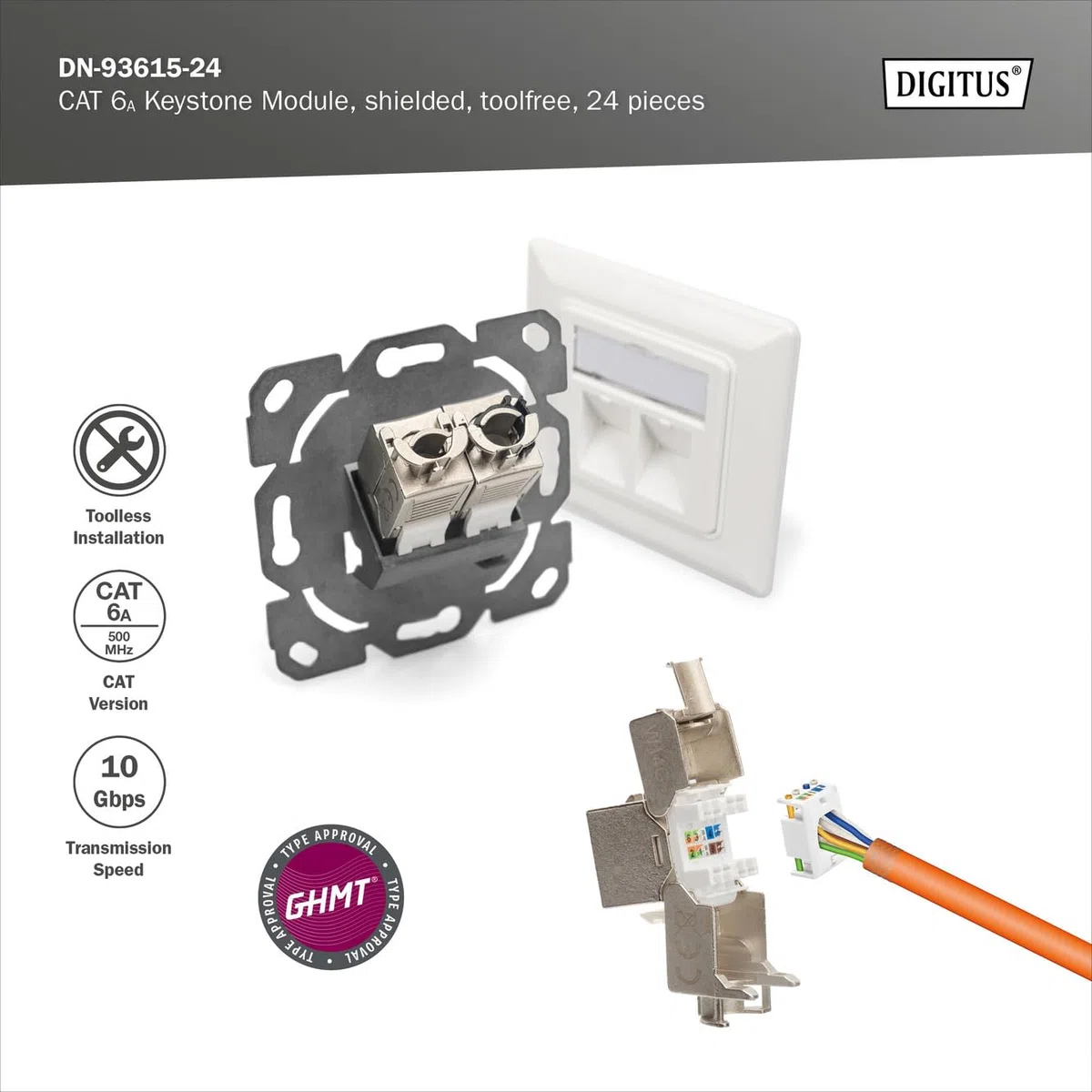 DIGITUS Keystone-Modul Cat 6A – 24 Stück – Geschirmt – 500 MHz 10Base-T | Werkzeugfrei – LSA – PoE++ – AWG 26-22 – RJ45 Buchse – 10 Gbit/s – Für Anschlussdosen und Patchfelder