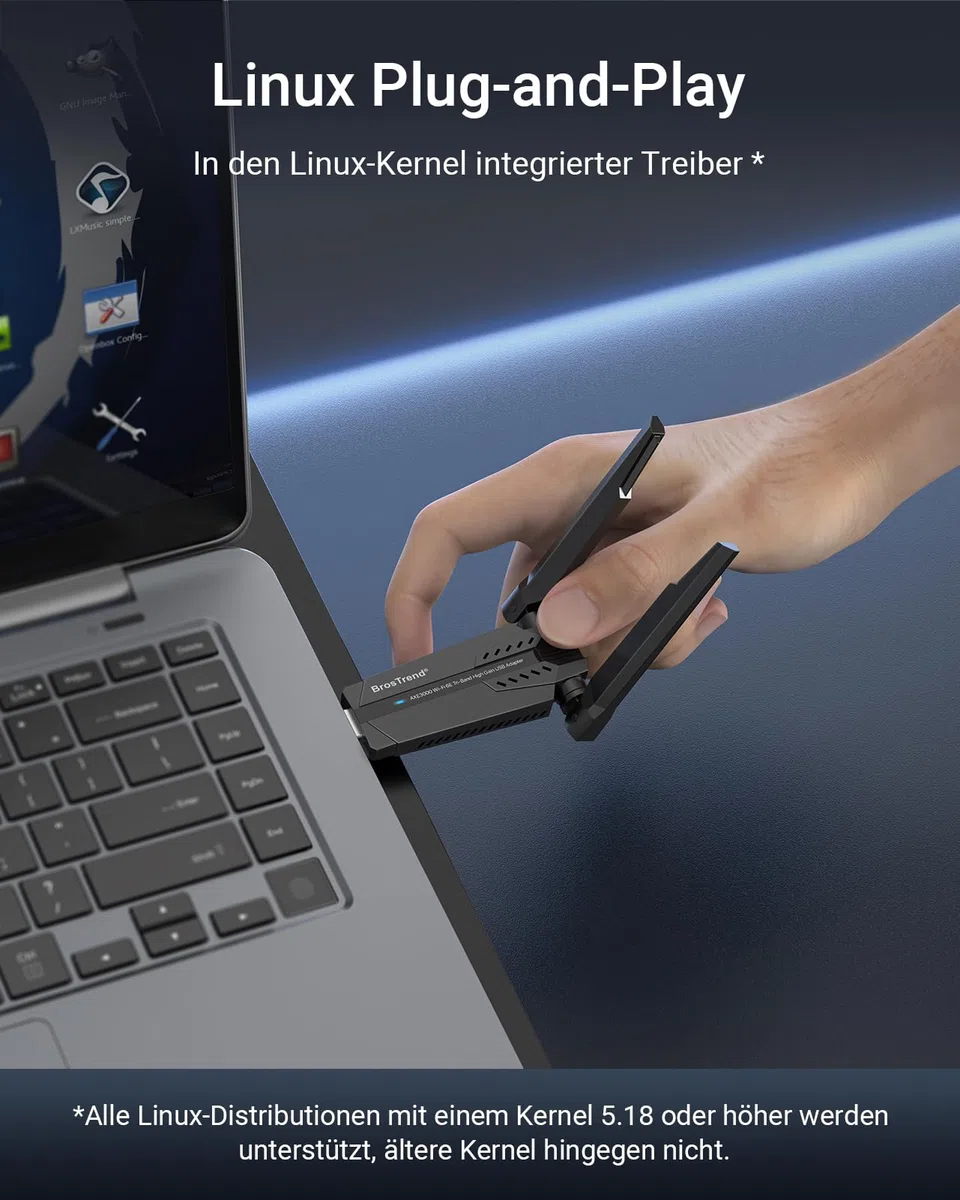 BrosTrend WiFi 6E AXE3000 WLAN Stick Linux Plug & Play für Ubuntu, Fedora, Kali, Mint, Raspberry Pi OS, Manjaro, etc. Tri-Band High Gain USB WLAN Adapter für PC, kompatibel mit Kernel 5.18 und Neuer