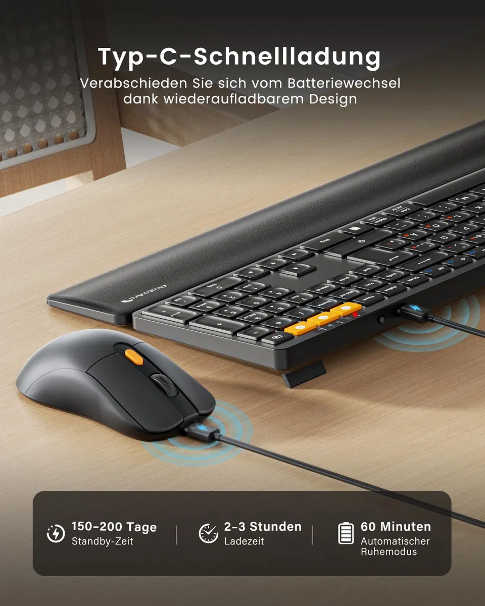 ProtoArc Kabellos Bluetooth Tastatur Maus Set, KM60 Full-Size Tastatur und Maus mit Handballenauflage, Wiederaufladbar, 2.4GHz + Dual Bluetooth, QWERTZ Deutsch, für PC, Computer, Mac, Windows, Schwarz
