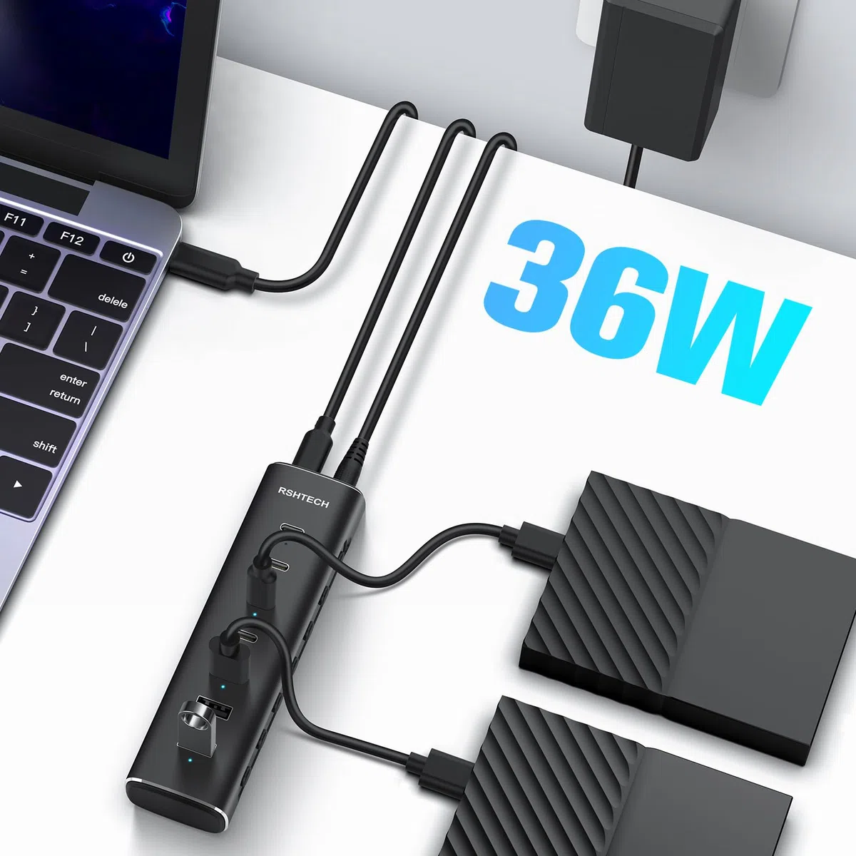 RSHTECH Alle 7 Anschlüsse sind USB-C Hub 3.2 mit Netzteil - Aktiver Verteiler 3.1 - Aktiv Schaltbaerer USB 3.2 Gen 2-4 Type C (10Gbps), 3 Type A (10Gbps) - Mit 12V/3A Netzteil Adapter, 1M Kabel