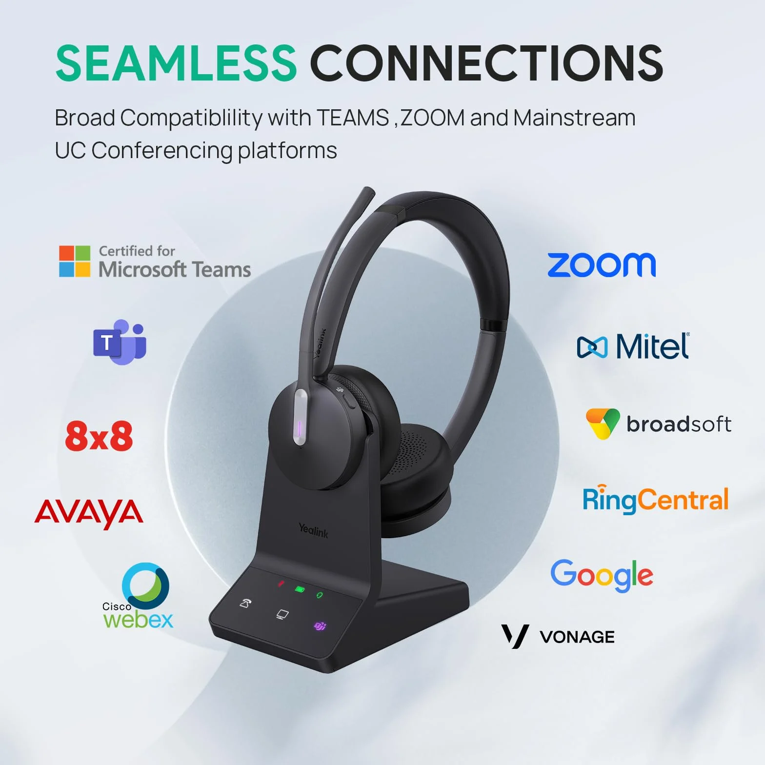Yealink WH64 Wireless Headset mit Mikrofon,185 m Reichweite DECT & Bluetooth Mono Kabelloses Headset with 3 Mikrofonen für Teams Zoom,Skype,UC,IP-Telefon, PC,26H Sprechzeiten
