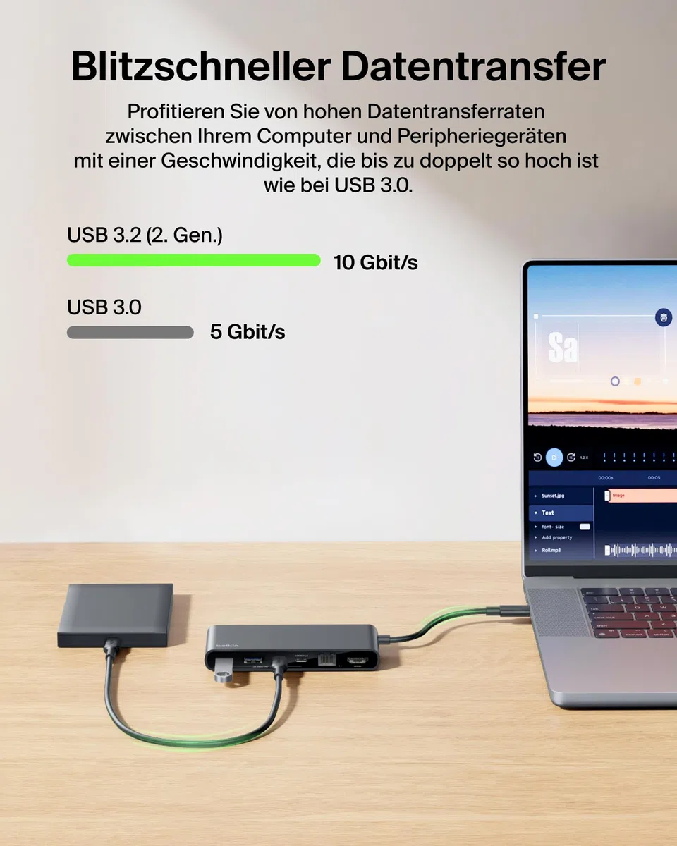 Belkin Connect 8-in-1 USB C Hub, Bildschirmauflösungen bis zu 4K bei 60 Hz – geeignet für Mac-, Windows- und Chromebook-Laptops; 100 W PD; Datentransfer mit 10 Gbit/s; 2,5-Gbit/s Ethernet – Schwarz
