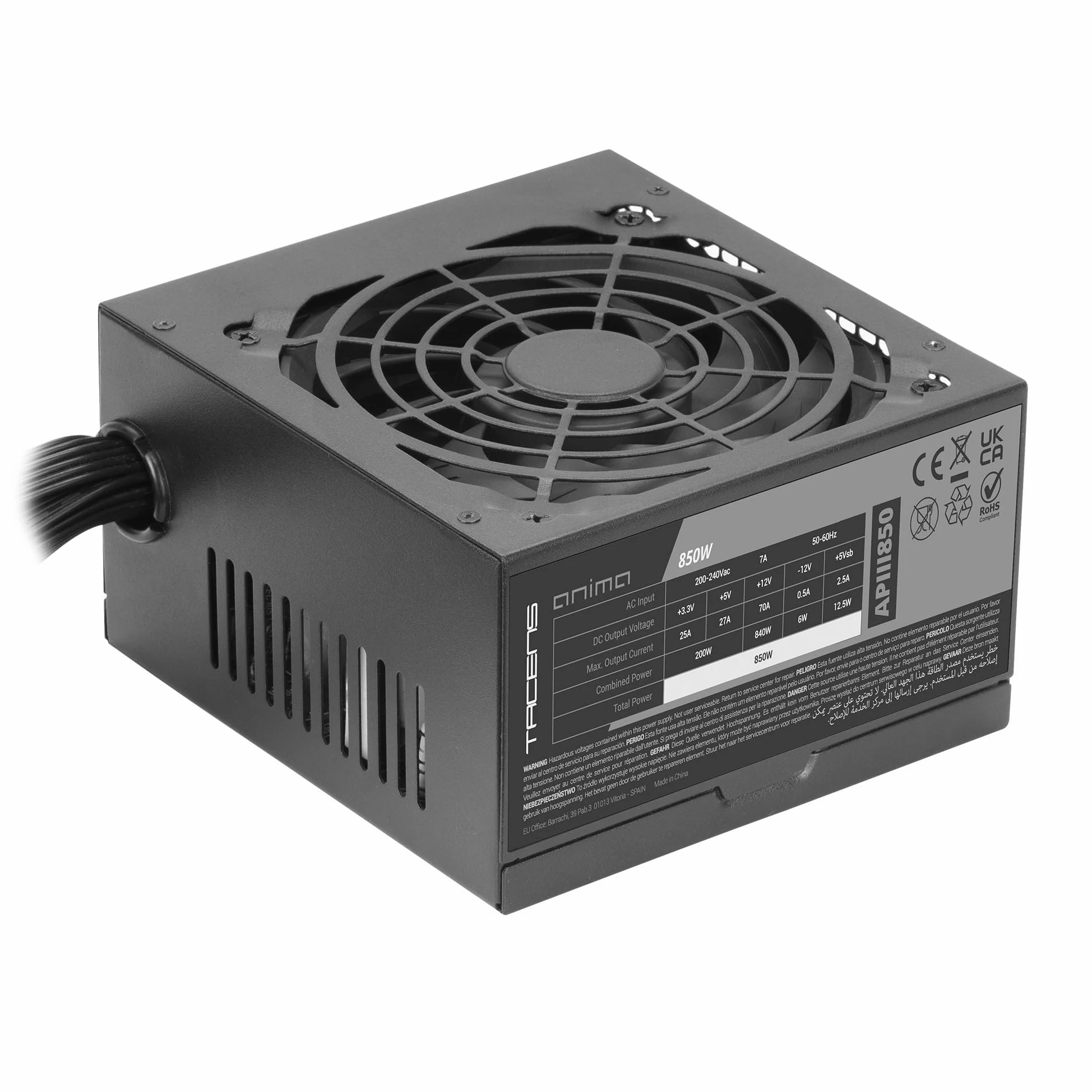 Tacens Anima APIII850, ATX 850W Netzteil, SMD- und DC-DC-Technologien, 85% Effizienz 12V, Ultra-leiser 12cm Lüfter, Japanische Kondensatoren 105º, Carbonfaser-Kabel, Schwarz