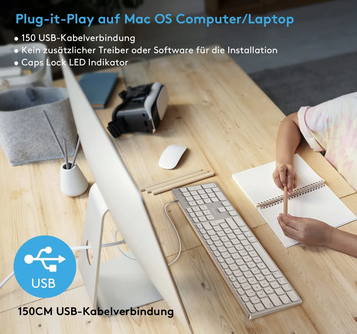 Kabelgebundene Tastatur mit Ziffernblock für Apple Mac OS, Eleganter Vollaluminiumrahmen, Deutsches QWERTZ-Layout, Plug-it-Play USB Tastatur für iMac/Mac mini/MacBook