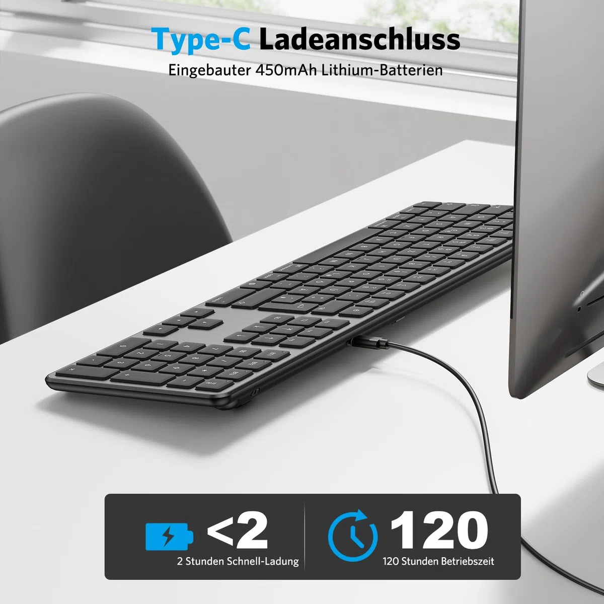 OMOTON Bluetooth Mac Tastatur, Wiederaufladbar Kabellos Tastatur mit QWERTZ DE-Layout, 3 Bluetooth-Kanäle, für MacBook Air, MacBook, iMac, iMac Pro, Mac mini, Vollformat mit Ziffernblock