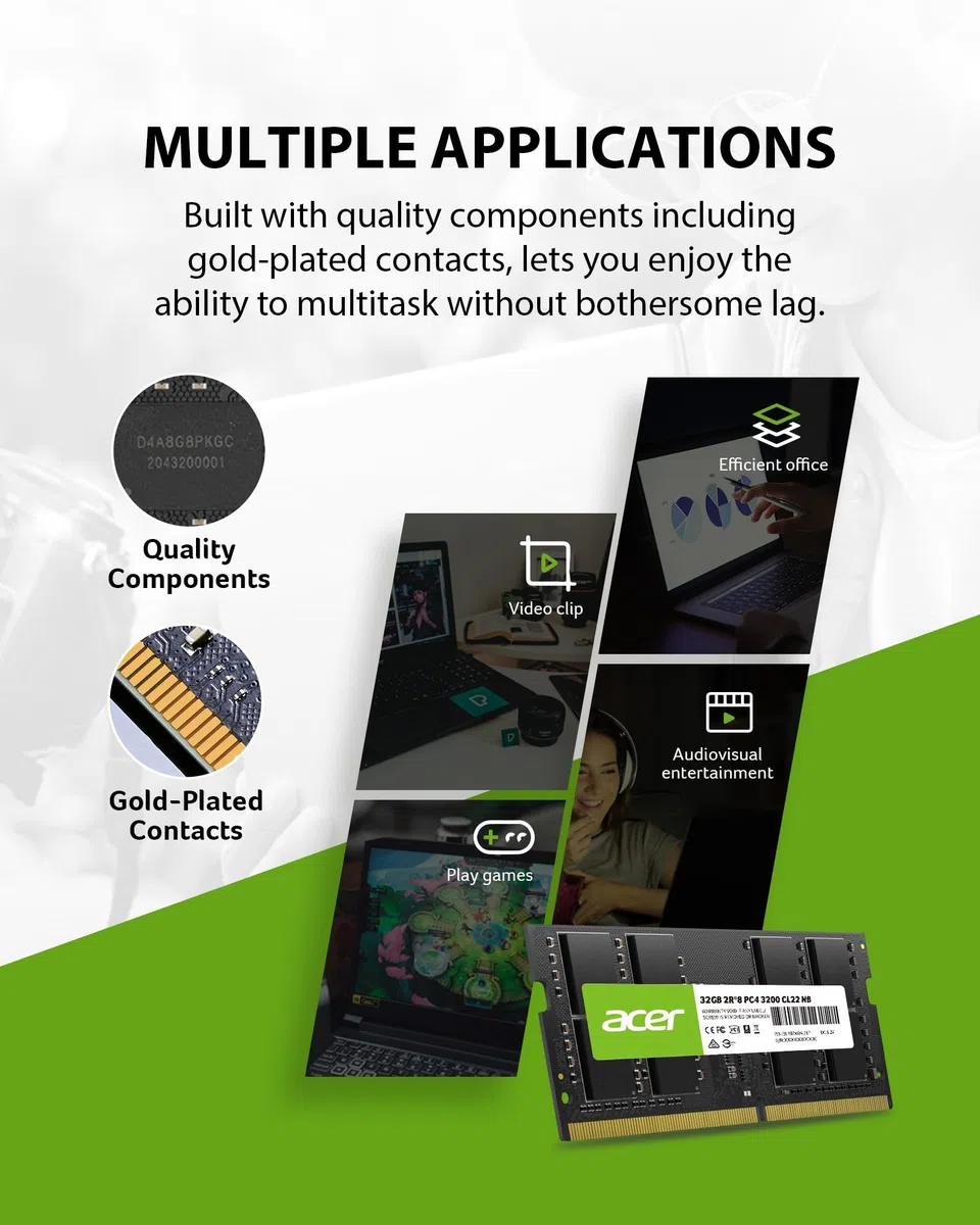 Acer SD100 32GB DDR4 SODIMM 3200MHz CL22-260-Pin Computer RAM - Low Voltage Speichermodul - PC Arbeitsspeicher für Laptop & Notebook Upgrade (Single)