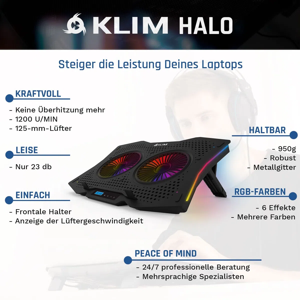KLIM Halo + Laptop Kühler mit RGB Beleuchtung + 11" - 17" + Gaming Laptop Lüfter Pad für den Schreibtisch + USB Notebook Kühler + sehr stabil und leise + Kompatibel mit Mac und PS4 - NEU
