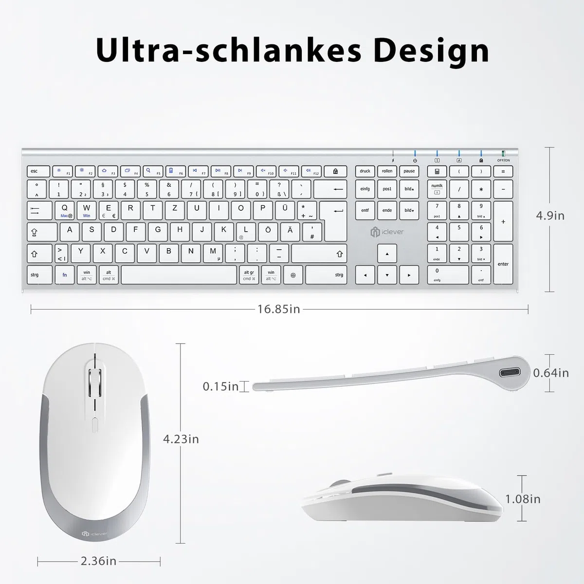 iClever kabellose Tastatur und Maus Set, 2.4G kabellose Tastatur und Maus, USB-C wiederaufladbar, Originalgröße, schlanke, dünne und widerstandsfähige Tastatur für Windows 7/8/10, Mac OS
