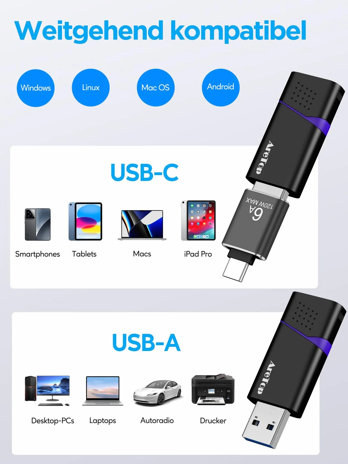 AreTop USB Stick 3.0 32GB 5 Stück Speichersticks Flash Drive High Speed, Lesegeschwindigkeit von bis zu 100 MB/s, mit 1 Stück USB-C Adapter, kompatibel mit PC, Laptop, Auto und Spielkonsole