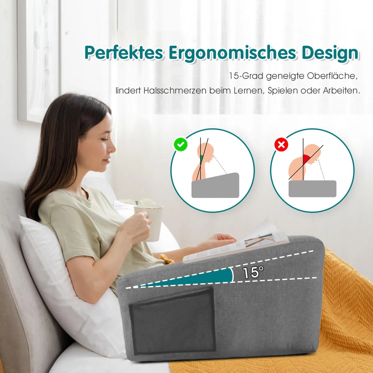 Aufblasbarer Gaming-Tisch für Bett und Sofa, ergonomisches Kissen-Desk mit geneigter Fläche, tragbarer Luft-Tisch mit Seitentasche, 300D Oxford-Gewebe für Laptop, Handy und Lesen