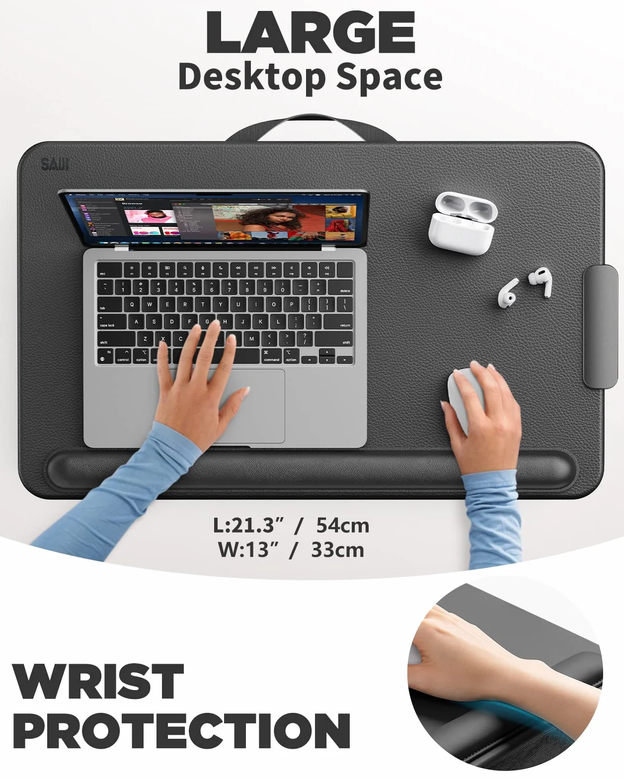 Laptopkissen, Laptop Ständer Bett, SAIJI Stabil Laptop Kissen, neues Komfortables Leder, bis zu 17", mit Handgelenkauflage, Handyhalterung, Schublade, für Sofa, Bett, Tisch