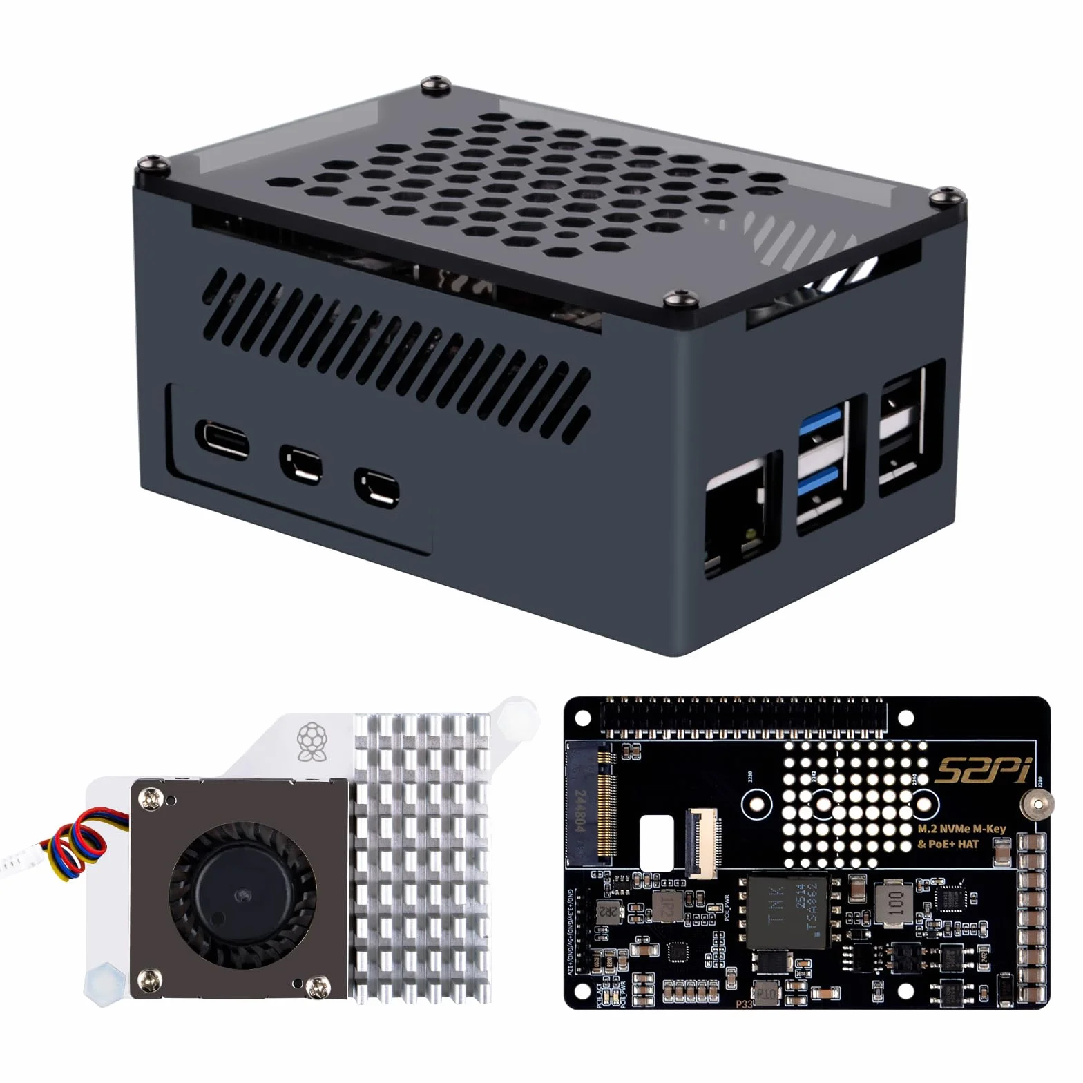 GeeekPi P33 M.2 NVME M-Key PoE+ Hat für Raspberry Pi 5, mit offiziellem Pi 5 Active Cooler und Aluminiumgehäuse, unterstützt M.2 NVMe SSD 2230 2242 2260 2280