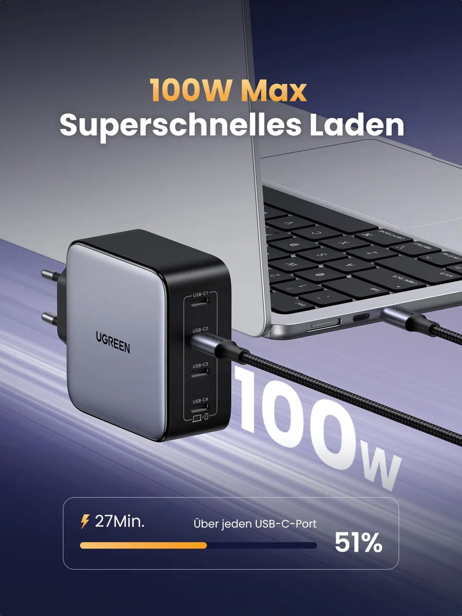 UGREEN Nexode 100W USB C Ladegerät mit 4X USB-C Ports GaN Netzteil Mehrfach PD Charger unterstützt PPS 45W kompatibel mit MacBook, HP Laptop, iPad Air, iPhone 17, Galaxy S24