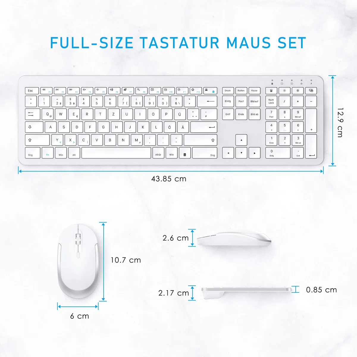 Tastatur Maus Set Kabellos, seenda SK38-3 Ultra-Dünne Wiederaufladbare Funktastatur, Ergonomische Keyboard Mouse mit Silikon Staubschutz für PC/Laptop/Smart TV, QWERTZ Layout (Weiß und Silber)