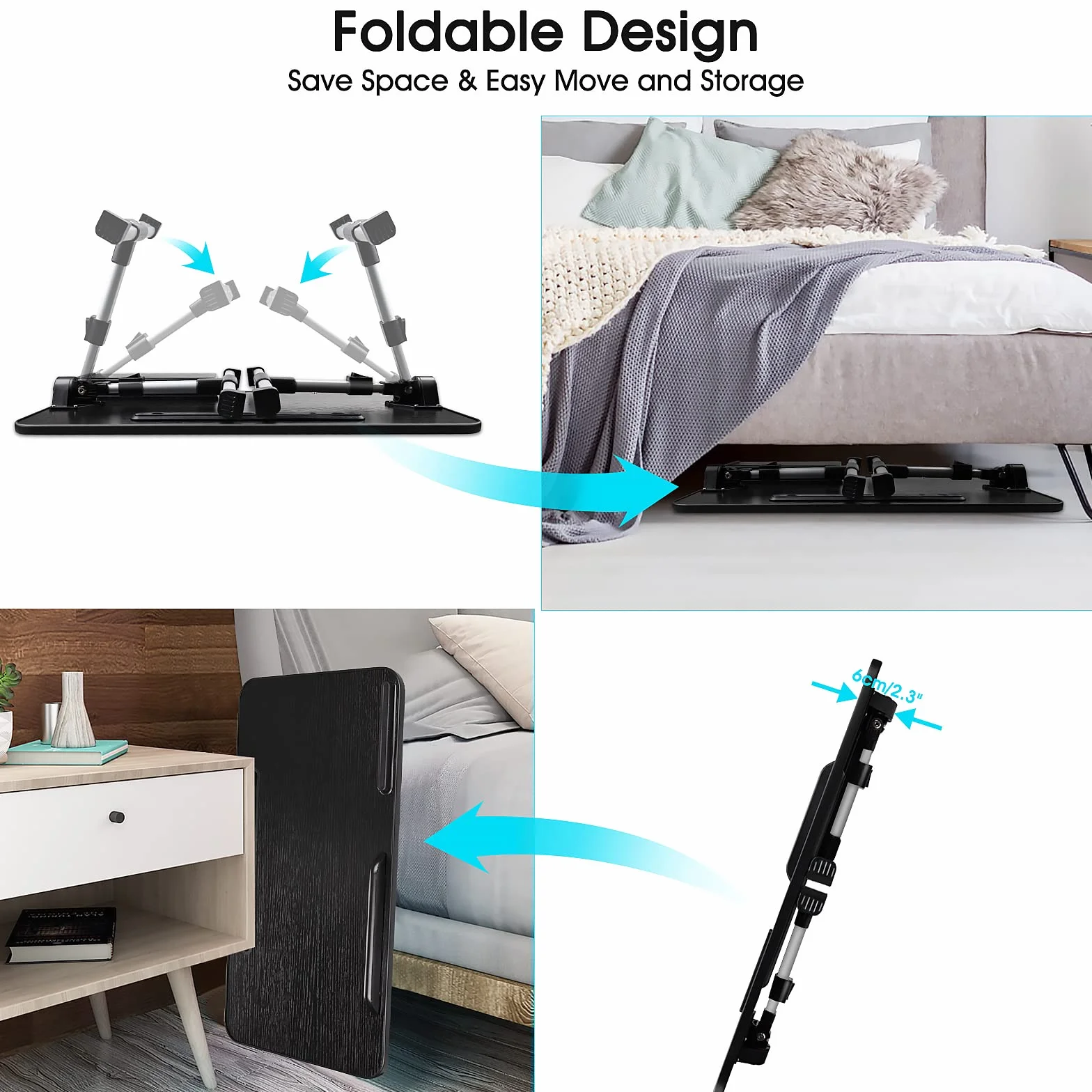 Laptoptisch fürs Bett, Höhenverstellbar, Winkelverstellbar, Betttisch Klappbar mit Schublade, Tablet-Ständer, Laptop Tisch für Bett, Sofa, Couch, Boden (53 x 30 cm, Schwarz)