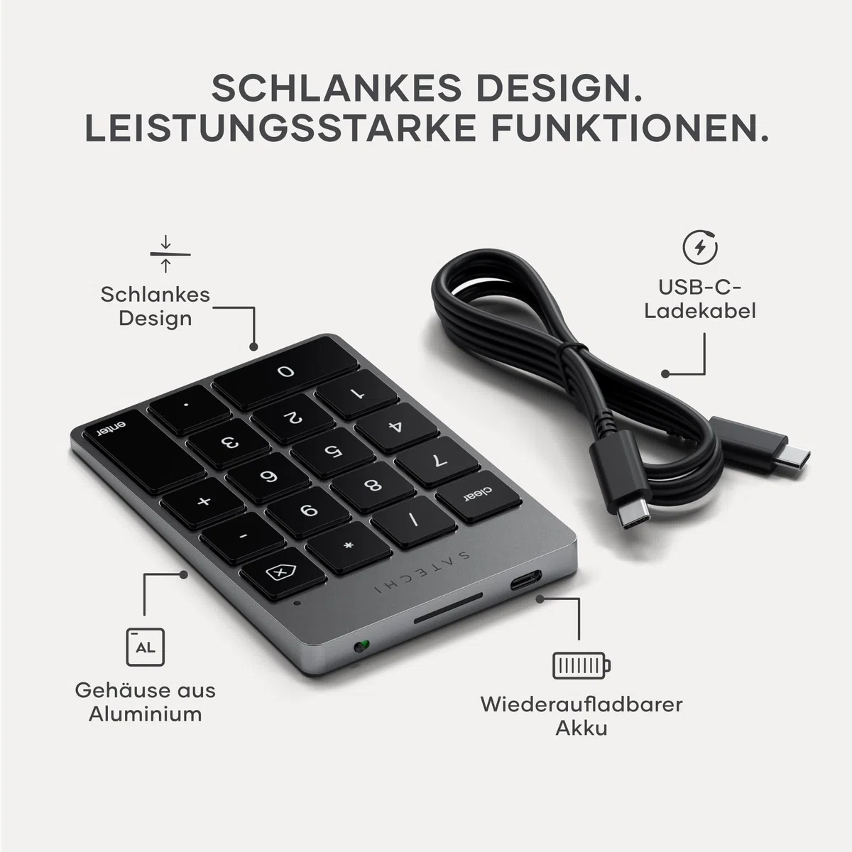 SATECHI 18-Tasten Bluetooth Zahlenblock – Kabelloser Aluminium 18-Tasten Nummernblock – USB-C wiederaufladbares Numpad, Ziffernblock für MacBook, Windows, iMac, Mac mini, Laptops & mehr – Space Grau