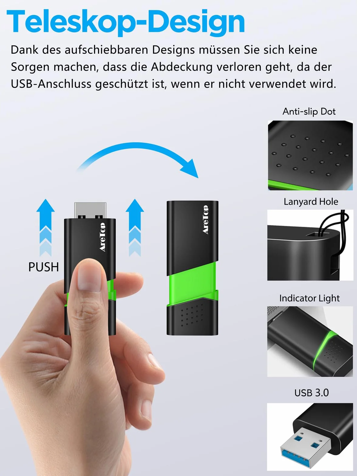 AreTop USB Stick 3.0 32GB 5 Stück Speichersticks Flash Drive High Speed, Lesegeschwindigkeit von bis zu 100 MB/s, mit 1 Stück USB-C Adapter, kompatibel mit PC, Laptop, Auto und Spielkonsole