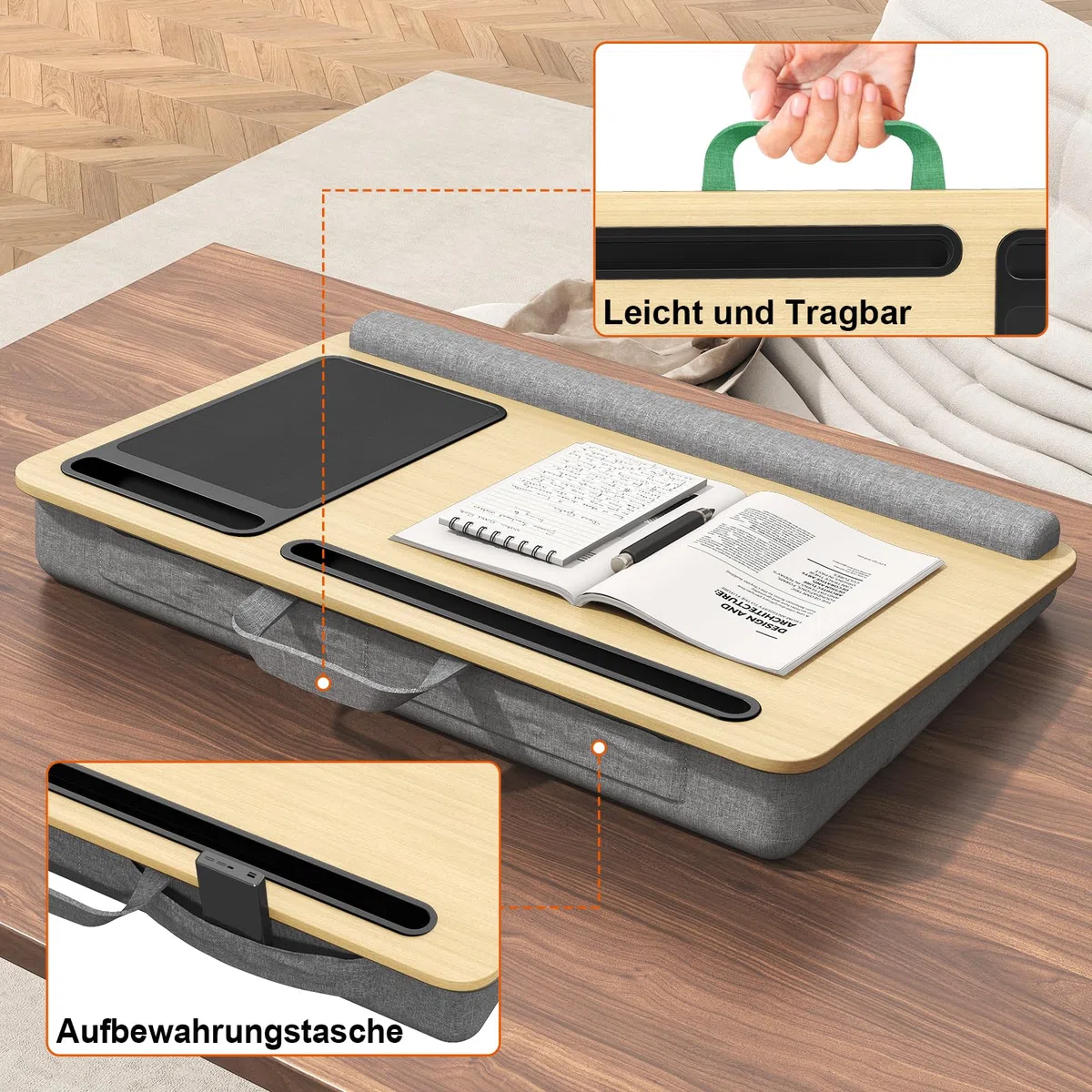 Laptopkissen für Bett mit Kissen, PUTORSEN Laptop Kissen Mausunterlage Passen bis zu 17,3 Zoll Notebook, Höhenverstellbar Lapdesk mit Tablet und Telefon Rille für Lernen, Gelb