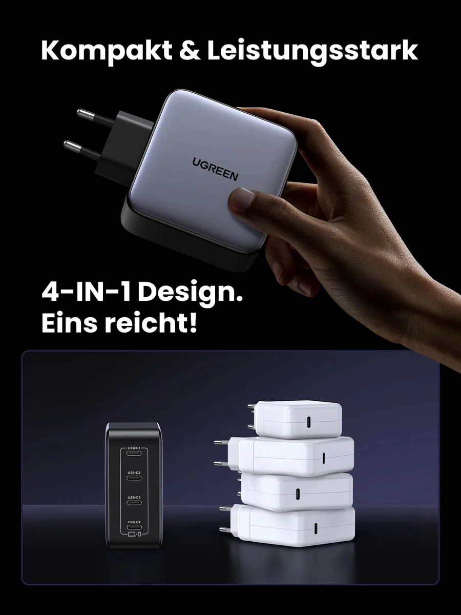 UGREEN Nexode 100W USB C Ladegerät mit 4X USB-C Ports GaN Netzteil Mehrfach PD Charger unterstützt PPS 45W kompatibel mit MacBook, HP Laptop, iPad Air, iPhone 17, Galaxy S24