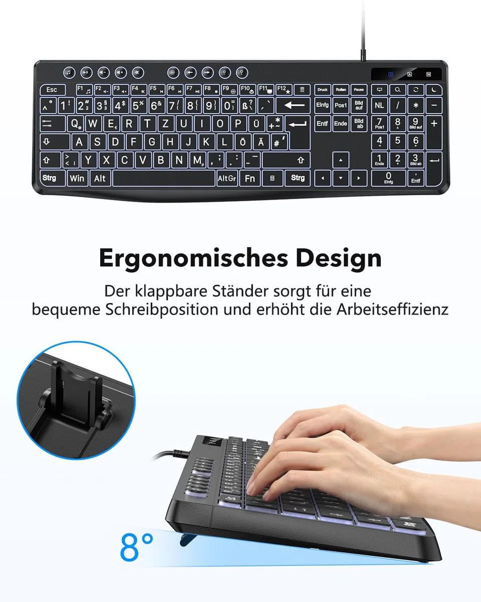 OMOTON Beleuchtete Tastatur, Kabel PC Tastatur, QWERTZ Weiß Beleuchtet mit großem Druck, 2 in 1 USB A/C- Für Senioren, Kinder, Sehbehinderte für Windows mit Multimedia-Tasten