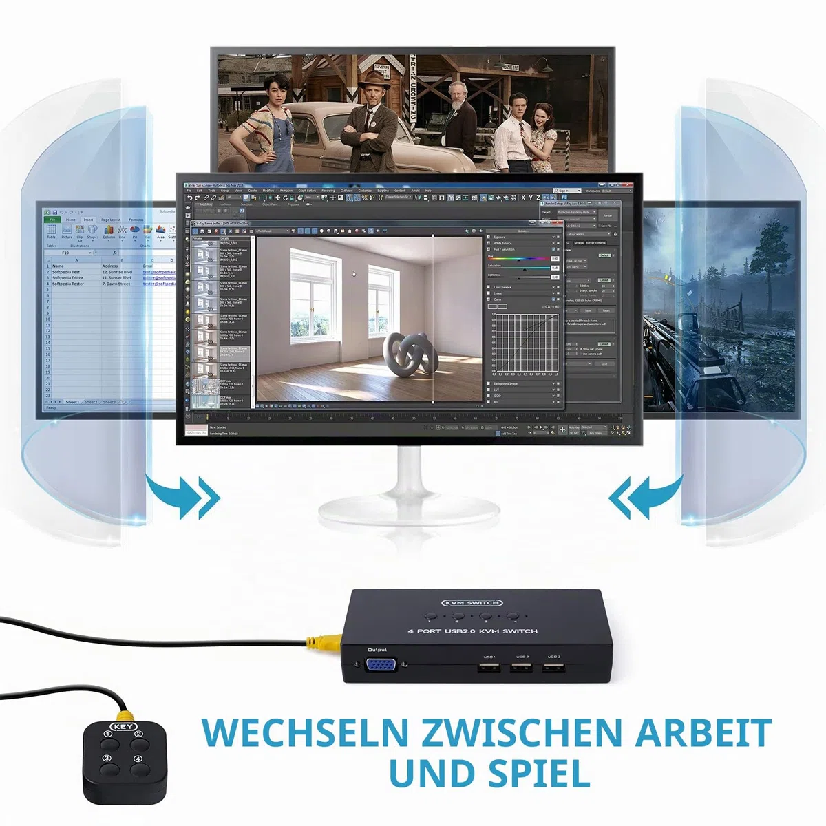 VGA KVM Switch mit 4 KVM Kabeln, 4 Port Umschalter für 4PC Sharing 1 Video Monitor, Tastatur, Maus, Drucker, Scanner