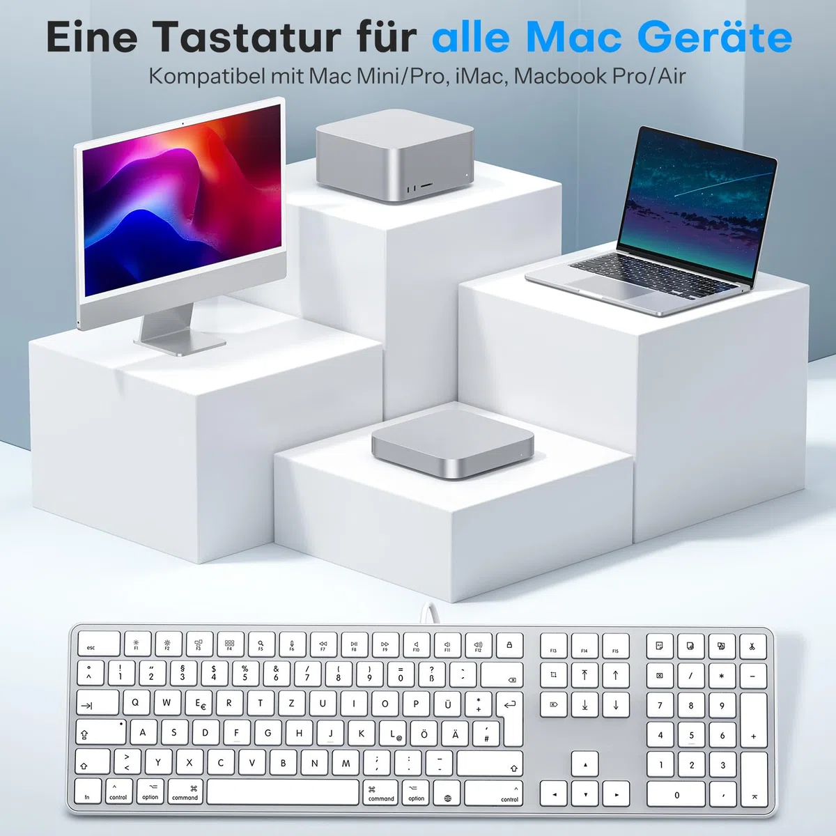 OMOTON Mac-Kabelgebundene-Tastatur mit Ziffernblock, Tastatur Kabel mit Dualem Anschluss (Type C/USB), Flüsterleise Tasten & Stabiler Verbindung, Deutsches Layout (QWERTZ)