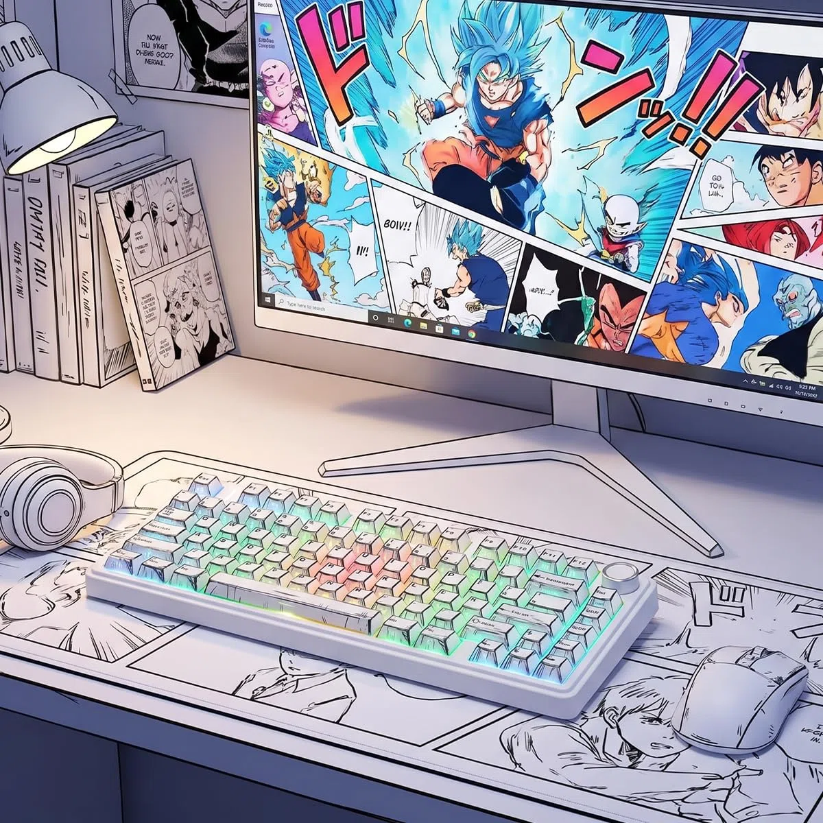PBT German Keycaps, 133 Keys Manga White Keycap, Retro Style Side Printed Shine Through Dye Sub Keycap for Cherry MX Switch ISO QWERTZ Layout Mechanical Keyboards