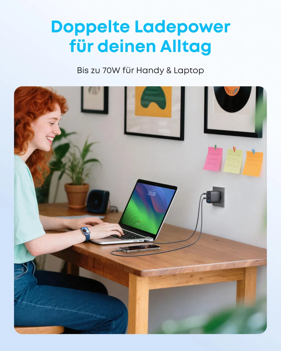 Anker Zolo 70W USB C Ladegerät, 4-Port-Netzteil mit ultraschnellen 70W, kompakt & stabil, für iPhone 17/16/15, MacBook Air, iPad, Pixel, Galaxy u.v.m. (Kabel Nicht enthalten)