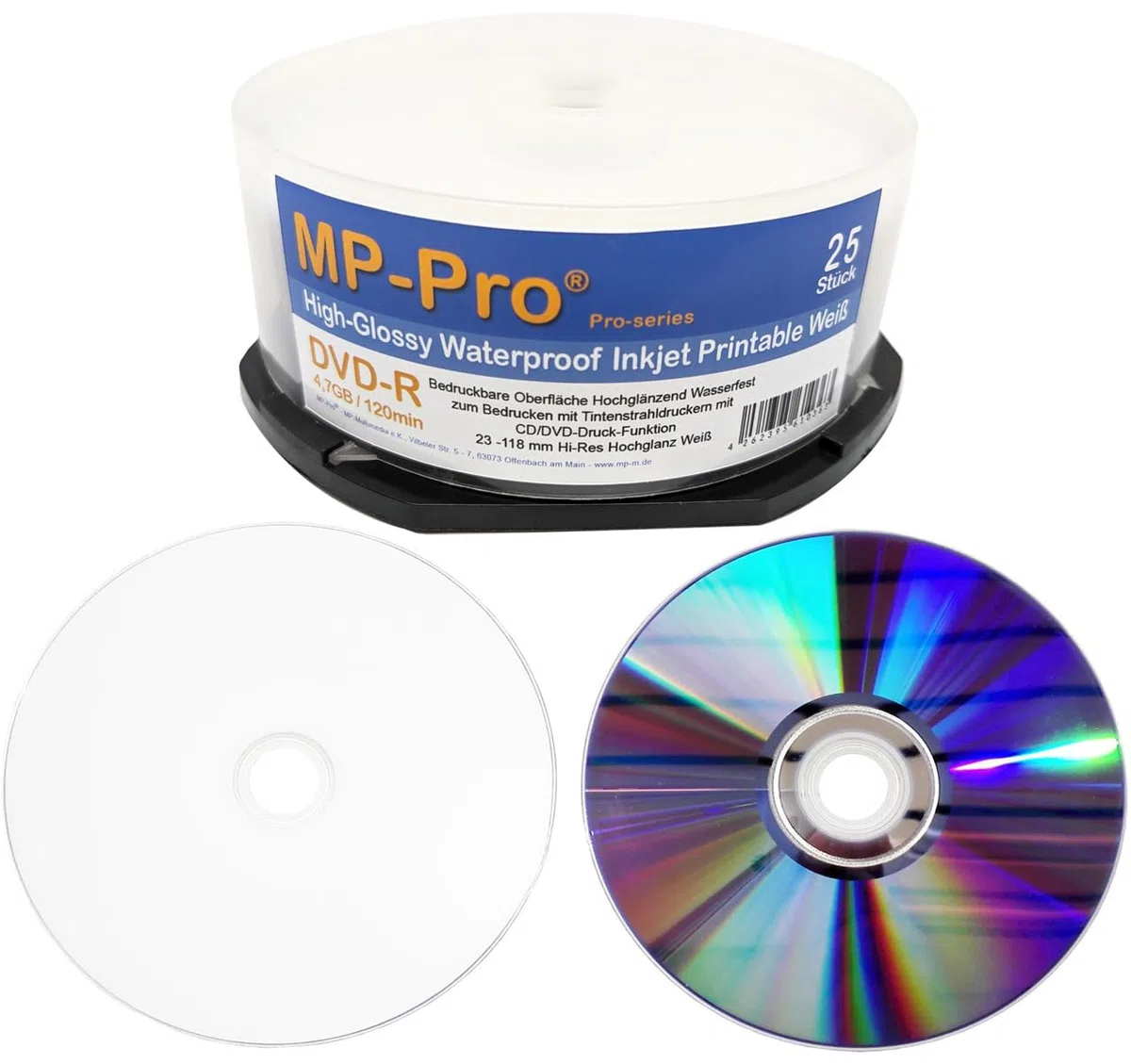 Waterproof High-Glossy DVD-R Rohlinge 4,7 GB Inkjet Printable Nanokeramik Hochglanz Weiß Wasserfest Bedruckbar - 25er Cake Box