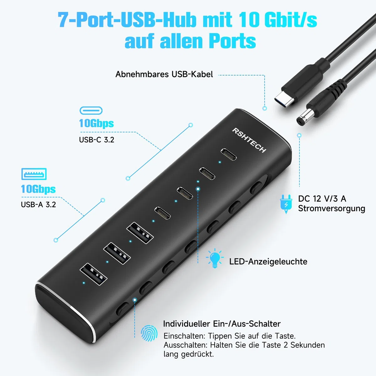 RSHTECH Alle 7 Anschlüsse sind USB-C Hub 3.2 mit Netzteil - Aktiver Verteiler 3.1 - Aktiv Schaltbaerer USB 3.2 Gen 2-4 Type C (10Gbps), 3 Type A (10Gbps) - Mit 12V/3A Netzteil Adapter, 1M Kabel