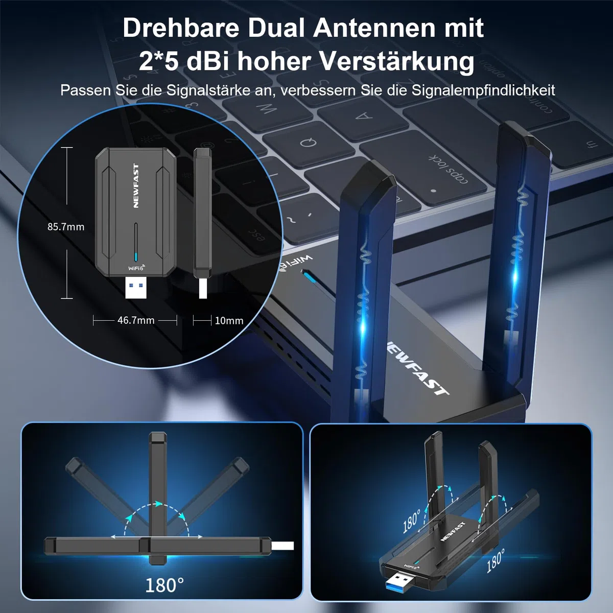 NEWFAST 5400Mbps USB WLAN Stick for PC,Tri-Band (6GHz/5GHz/2.4GHz) WiFi Adapter Mit 2 * 5dBi High Gain Antennens,WiFi 6E Wireless Adapter,USB 3.0,MU-MIMO WPA3 Encryption,Only for Windows 10/11