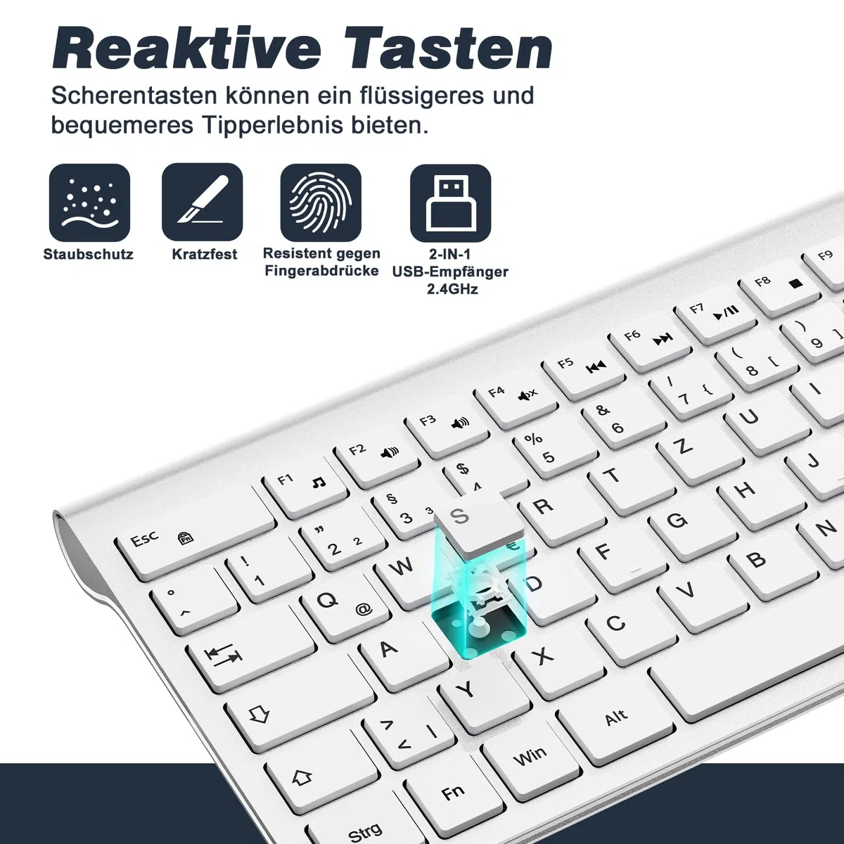 cimetech Tastatur Maus Set Kabellos, Ultra-Dünne Wiederaufladbare Kabellose Tastatur und Maus Ergonomisch Funktastatur QWERTZ Layout, Ultra SlimThin für Computer/Desktop/PC/Laptop/Windows (Silber)