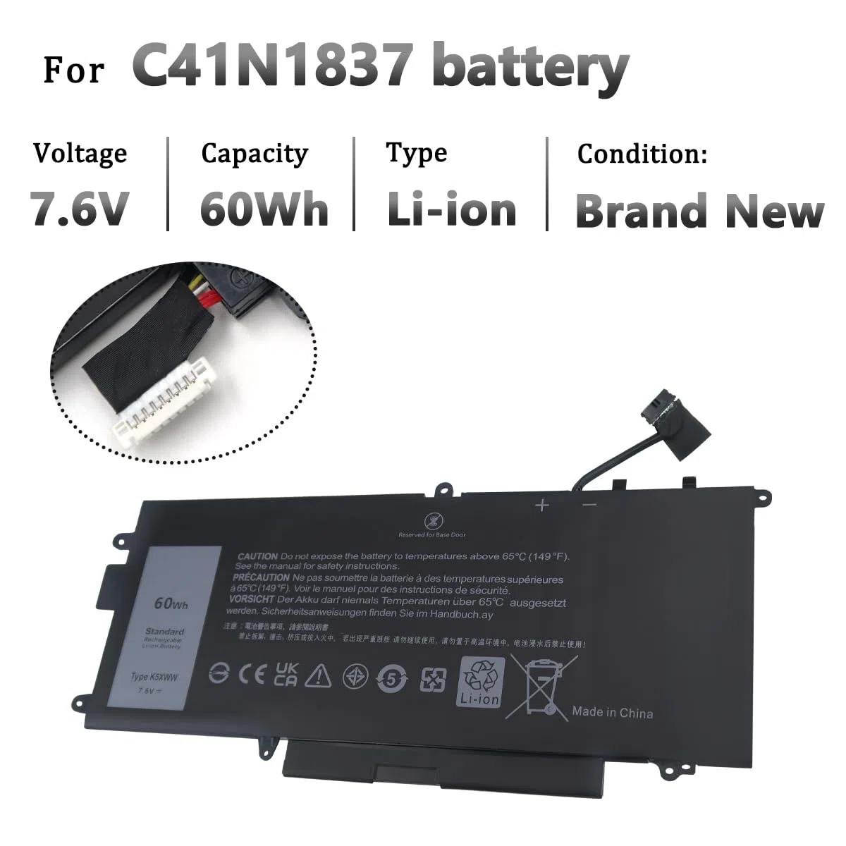 60Wh K5XWW 71TG4 Laptop Akku Kompatibel mit Dell Latitude 7390 2-in-1, Latitude 5289 2-in-1, Latitude 7389 2-in-1, Latitude L3180 Series P29S001 P29S002 725KY N18GG 6CYH6 7.6V