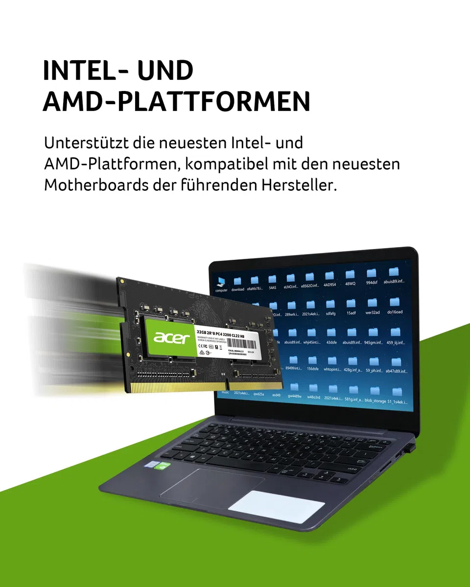 Acer SD100 32GB DDR4 SODIMM 3200MHz CL22-260-Pin Computer RAM - Low Voltage Speichermodul - PC Arbeitsspeicher für Laptop & Notebook Upgrade (Single)