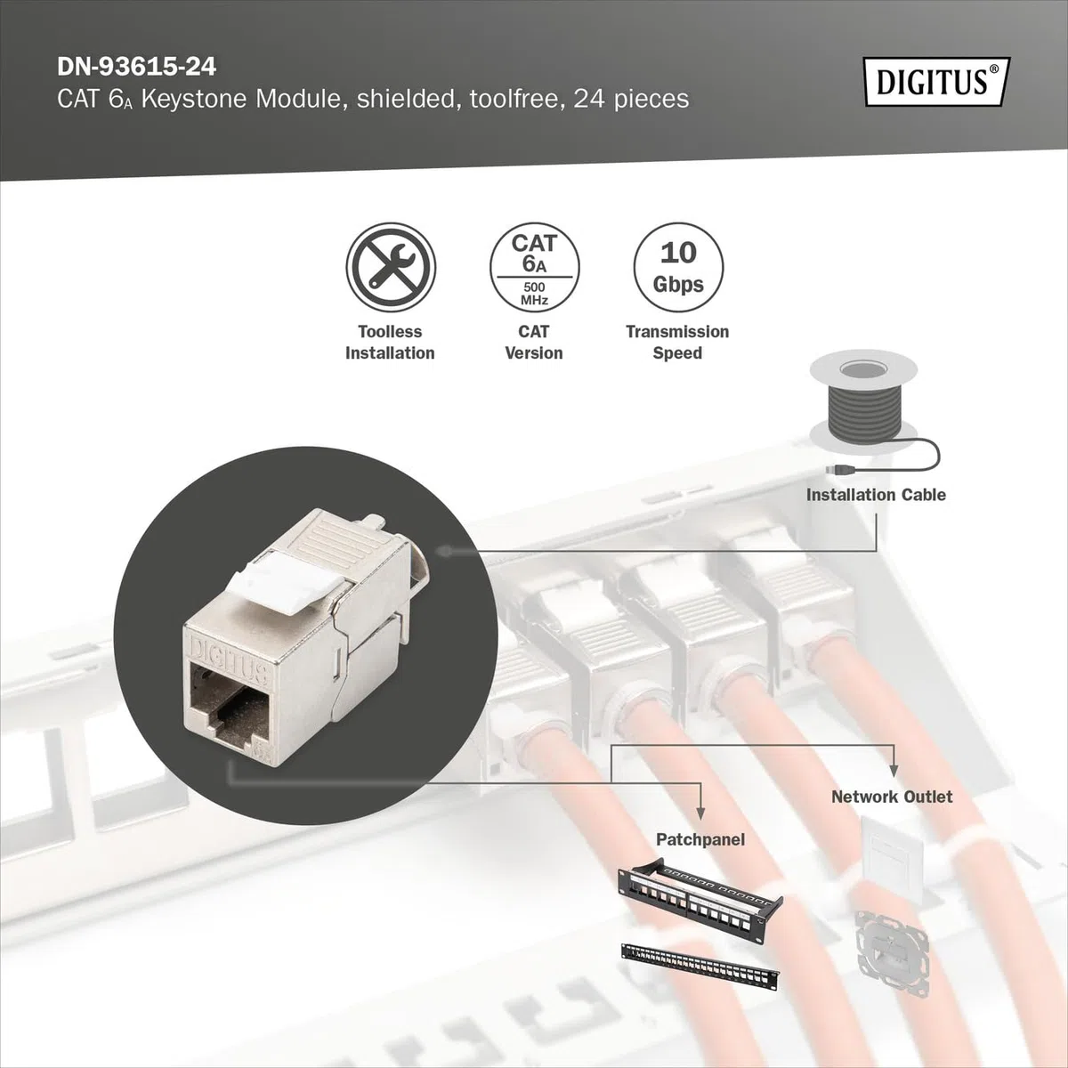 DIGITUS Keystone-Modul Cat 6A – 24 Stück – Geschirmt – 500 MHz 10Base-T | Werkzeugfrei – LSA – PoE++ – AWG 26-22 – RJ45 Buchse – 10 Gbit/s – Für Anschlussdosen und Patchfelder