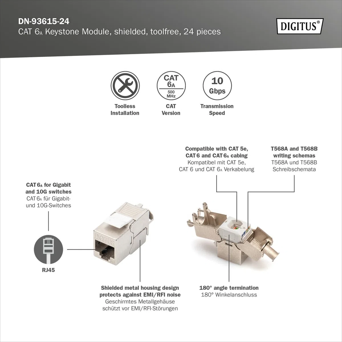 DIGITUS Keystone-Modul Cat 6A – 24 Stück – Geschirmt – 500 MHz 10Base-T | Werkzeugfrei – LSA – PoE++ – AWG 26-22 – RJ45 Buchse – 10 Gbit/s – Für Anschlussdosen und Patchfelder