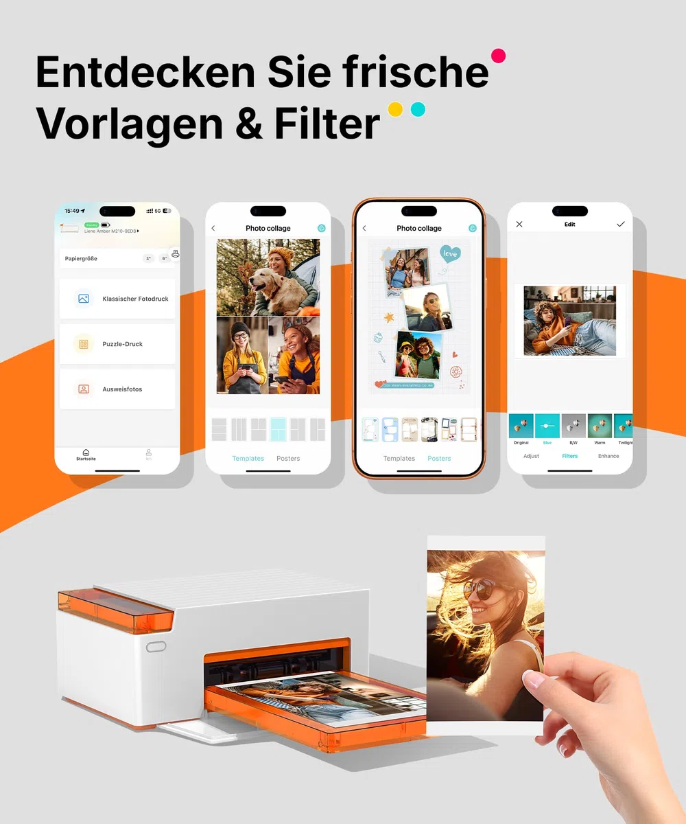 Liene Amber M110 Mini Fotodrucker für Smartphone – inkl. 60 Blatt 10x15 cm Fotopapier + 60 Blatt 7,7 cm selbstklebende Fotos (20+40) + 2 Farbbänder – Thermosublimation, Bluetooth, für iPhone & Android