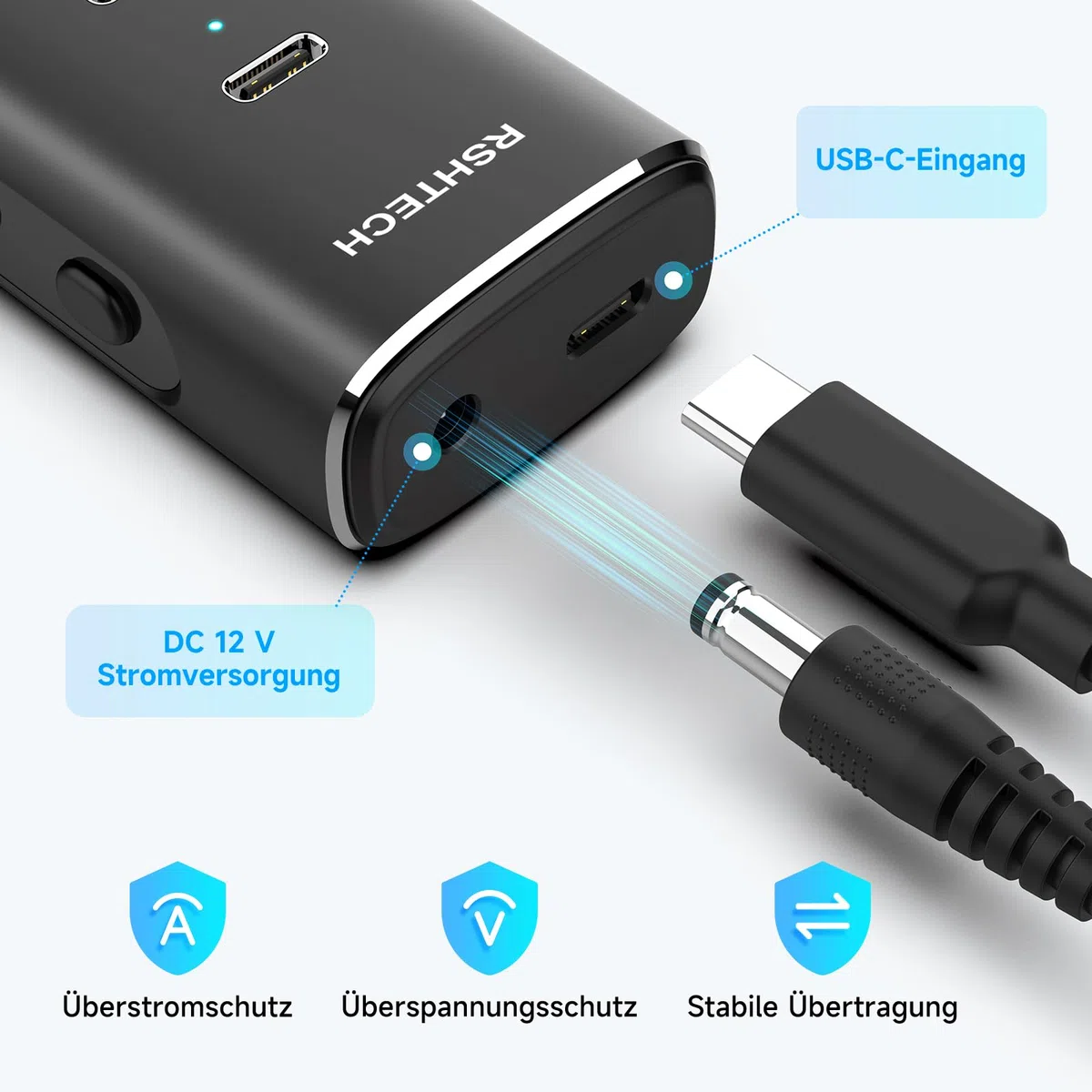 RSHTECH Alle 7 Anschlüsse sind USB-C Hub 3.2 mit Netzteil - Aktiver Verteiler 3.1 - Aktiv Schaltbaerer USB 3.2 Gen 2-4 Type C (10Gbps), 3 Type A (10Gbps) - Mit 12V/3A Netzteil Adapter, 1M Kabel