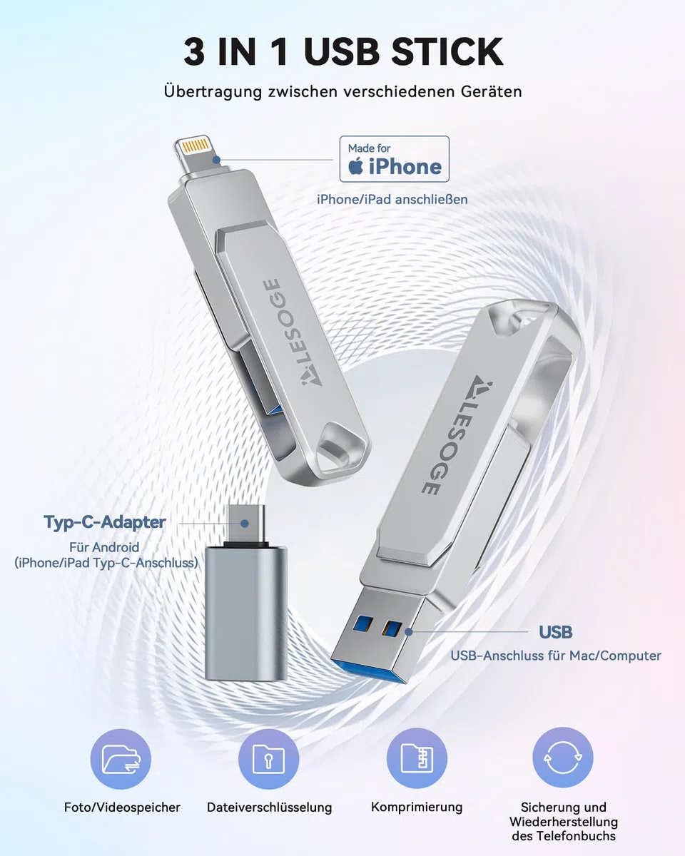 MFi Zertifizierter USB Stick 128GB für iPhone,3 in 1 USB Speicherstick USB 3.0 USB-Flash-Laufwerk, Externer Speichererweiterung Fotostick,USB C Stick für iPhone/iPad/Android/PC/Mac