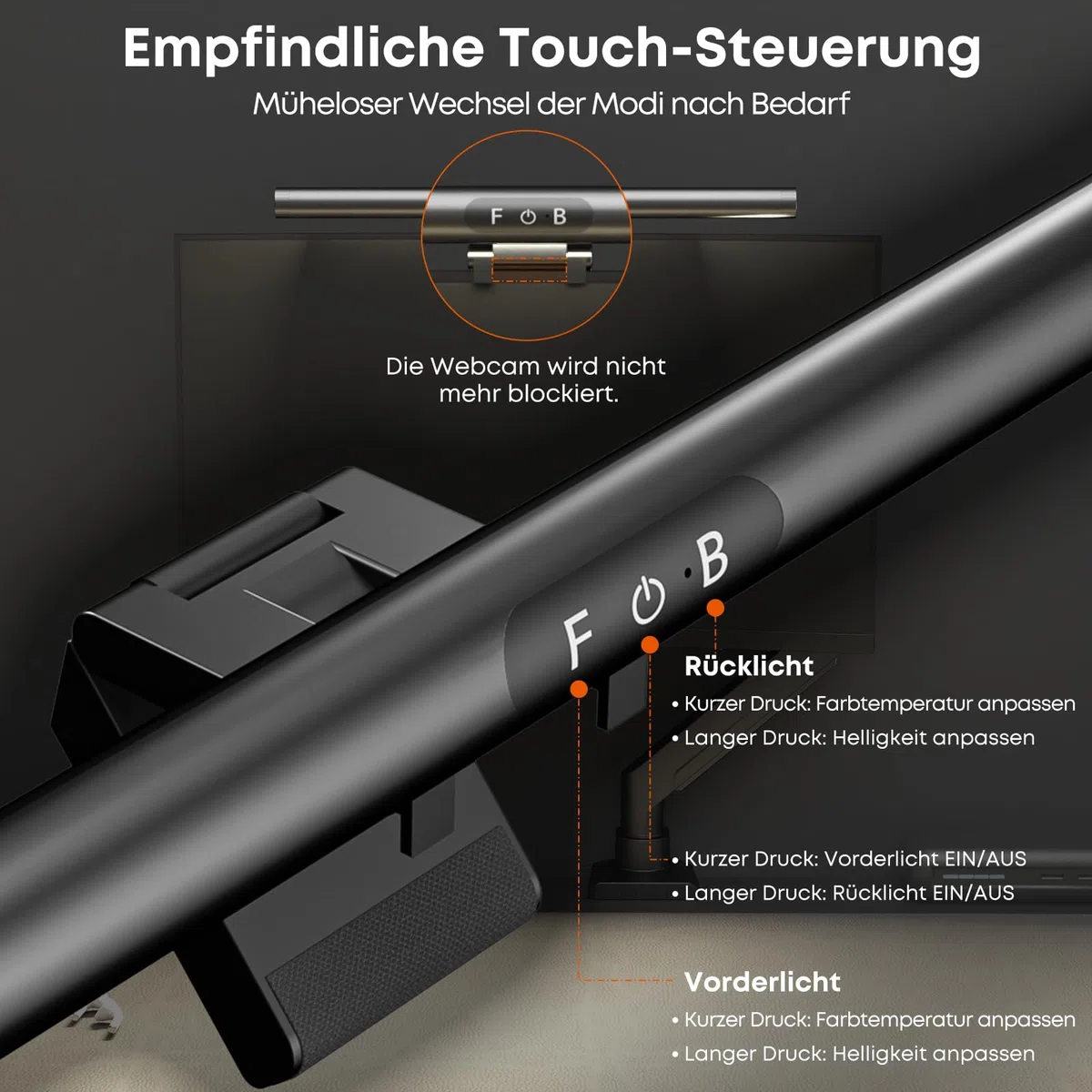 PUTORSEN Computer Monitor Lampe LED - 42cm Dual-Sided Monitor Lamp Bar mit Touch-Control, Dimmbar & Farbtemperatur-einstellbar für flache und gebogene Bildschirme USB Lampe