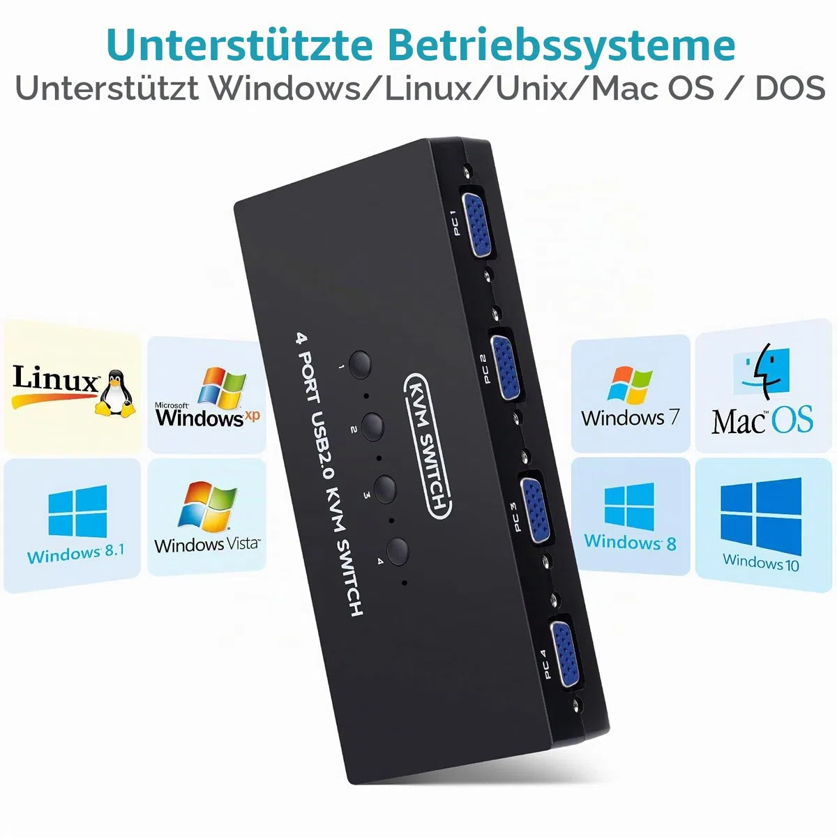 VGA KVM Switch mit 4 KVM Kabeln, 4 Port Umschalter für 4PC Sharing 1 Video Monitor, Tastatur, Maus, Drucker, Scanner