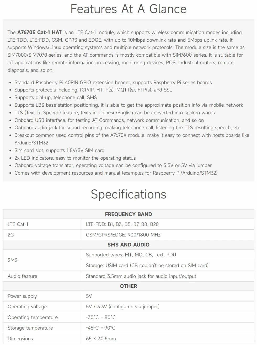Waveshare A7670E LTE Cat-1 HAT for Raspberry Pi Enabling LTE Cat-1 / 2G Communication & LBS Positioning Multi Band Support 2G GSM/GPRS
