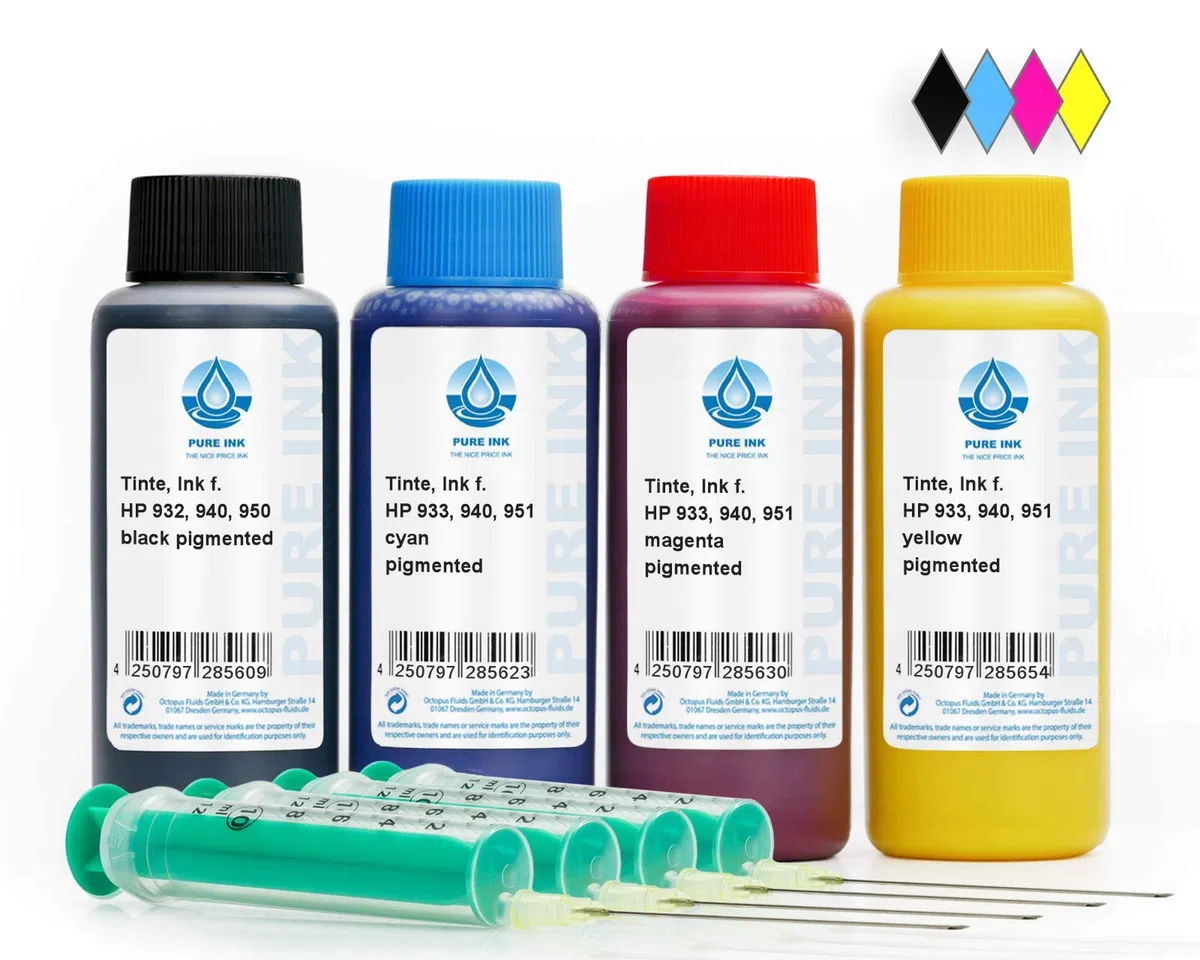 Pure Ink 4X 100 ml CMYK Druckertinte Nachfülltinte kompatibel für Patrone HP 932, 933, 940, 950, 951 Refill Set mit Zubehör und Nachfüllanleitung