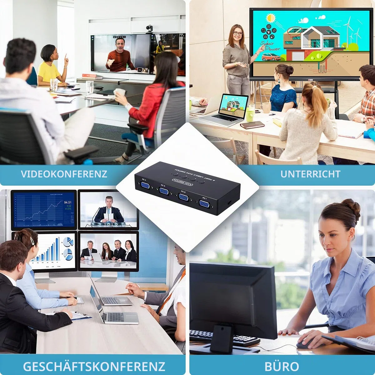 VGA KVM Switch mit 4 KVM Kabeln, 4 Port Umschalter für 4PC Sharing 1 Video Monitor, Tastatur, Maus, Drucker, Scanner