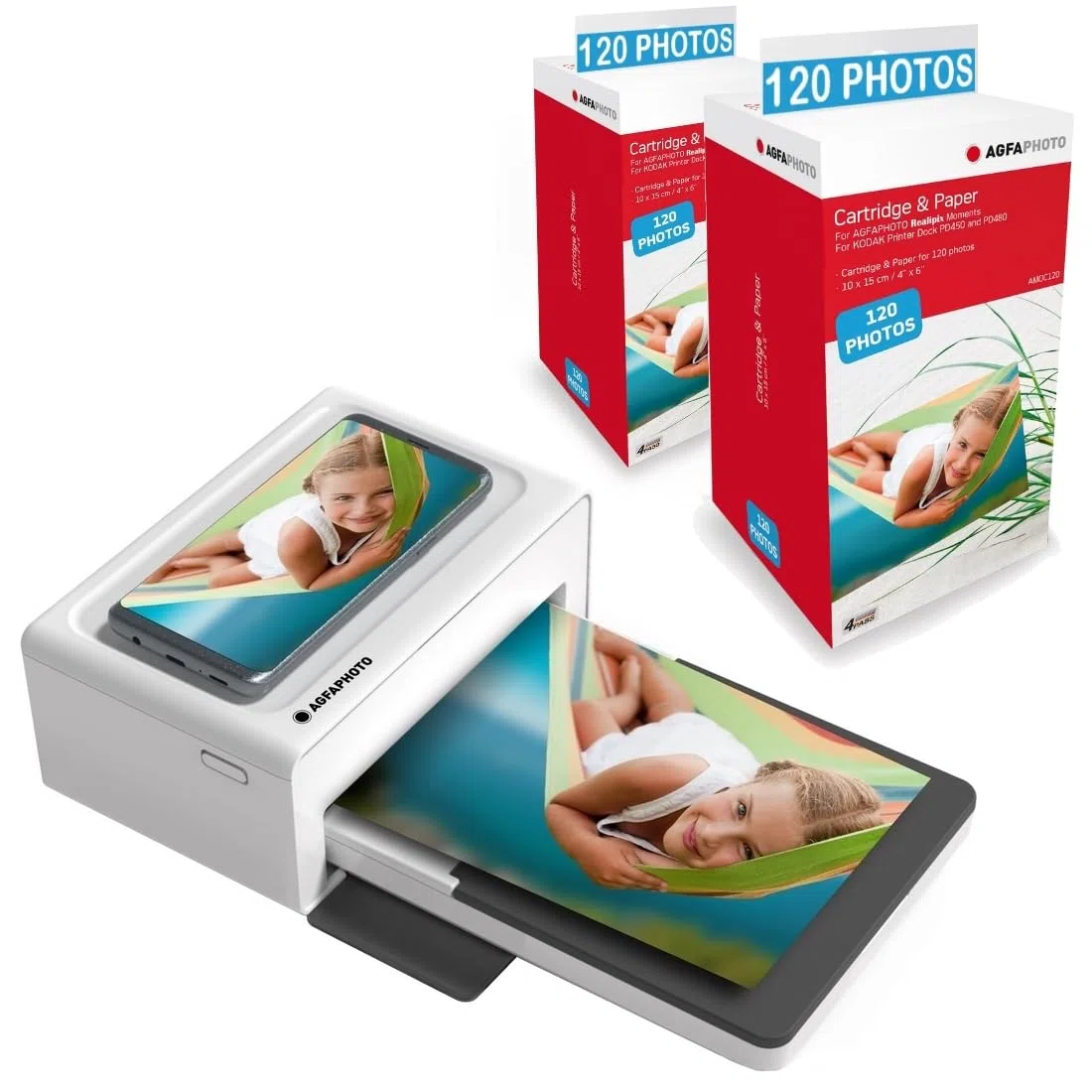 AgfaPhoto Realipix Moments Drucker-Paket + Patronen und Papiere für 240 zusätzliche Fotos – Bluetooth-Fotodruck 10 x 15 cm Smartphone Apple und Android, 4 Pass Sublimation Thermal – Weiß