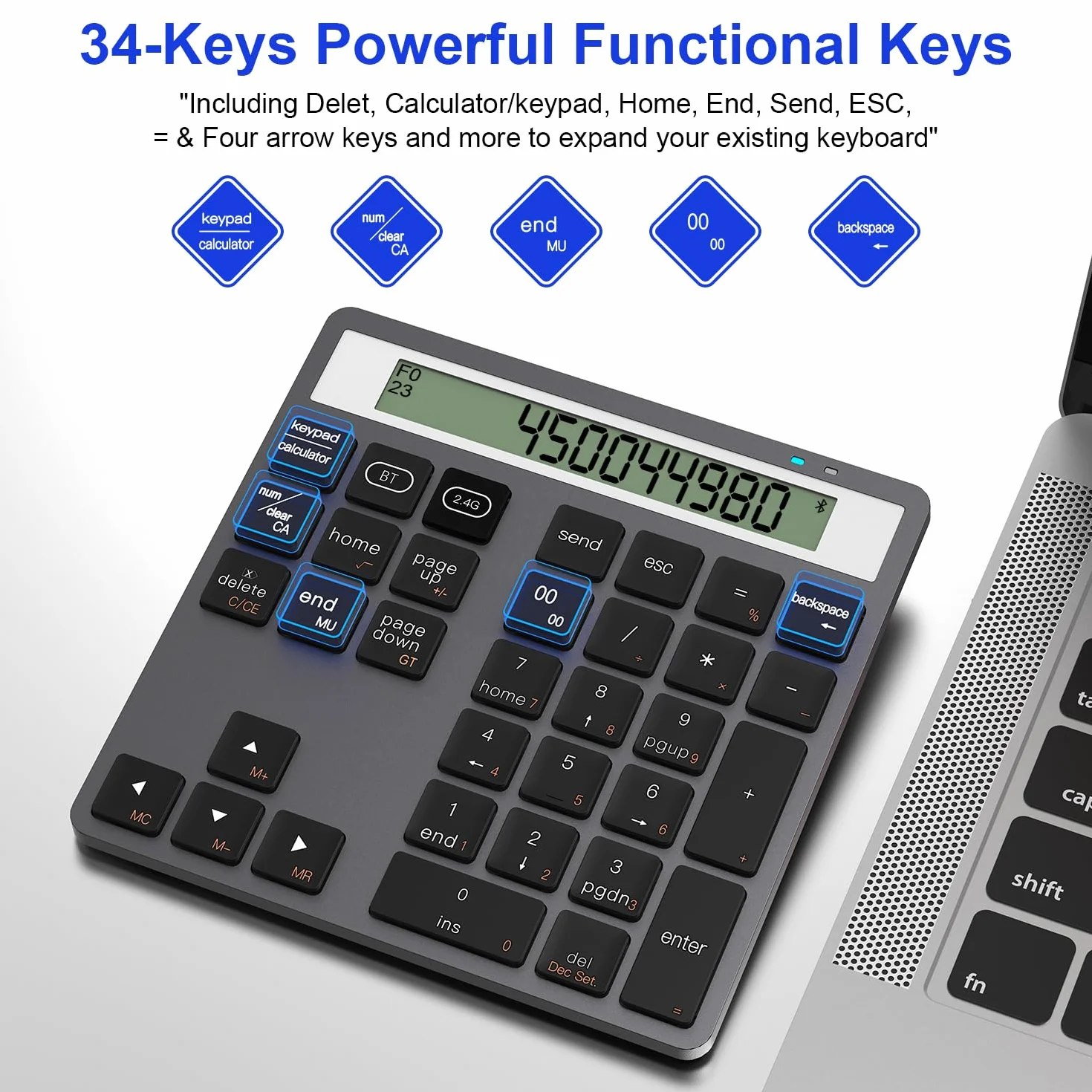 2-in-1 Ziffernblock mit Taschenrechner, 34 Leise Tasten Bluetooth 5.0&2.4G Numpad für Windows/Mac/iOS/Android, Nummernblöcke für Laptop/PC/iPhone/iPad Number Pad Ergonomisch für Excel Buchhaltung Büro