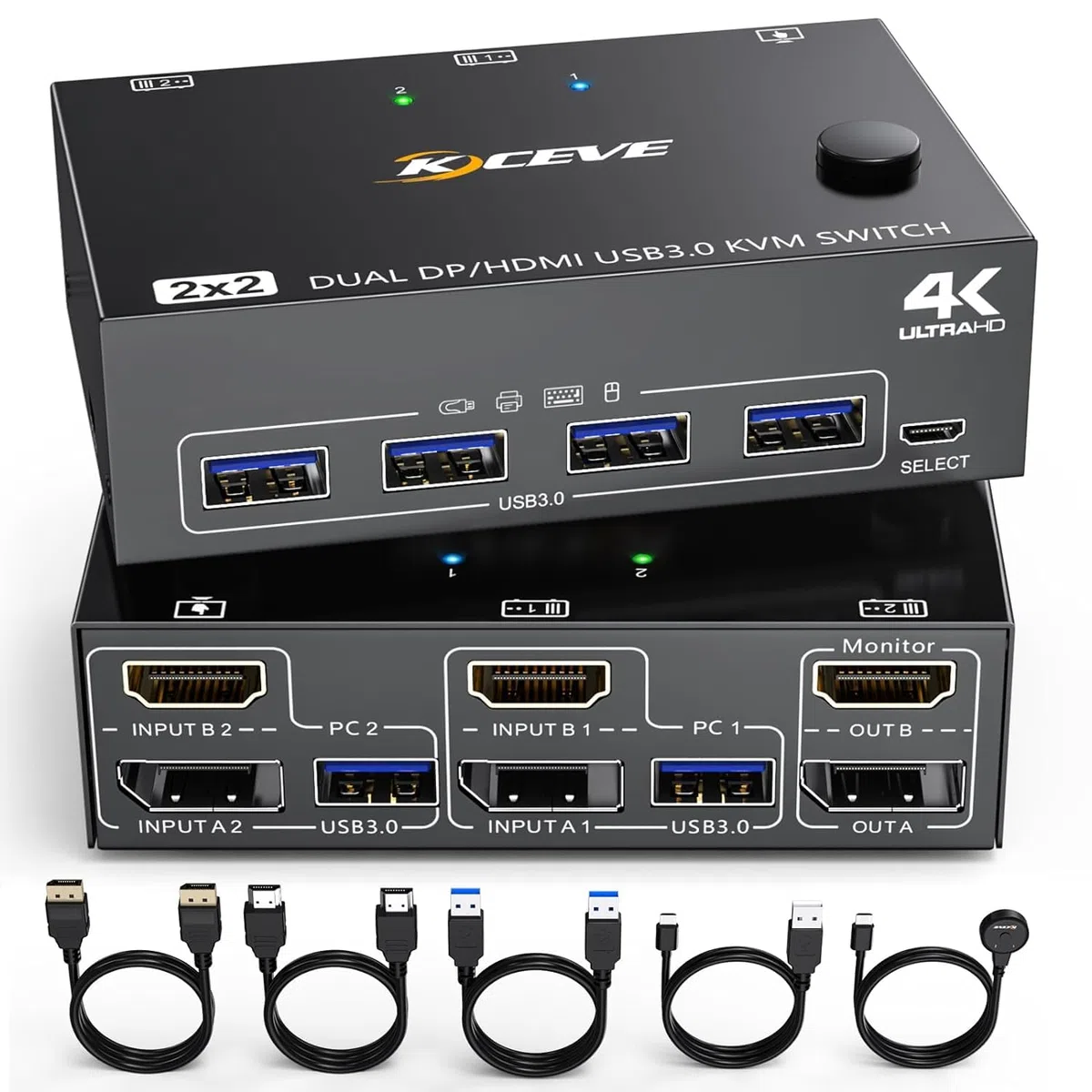DP + HDMI KVM Switch 2 Computer 2 Monitore, KCEVE Zwei Monitore Displayport USB 3.0 KVM Umschalter für zwei Monitore, Unterstützt 4K@60Hz für 2 Computer, die Tastatur, Maus und Monitor teilen
